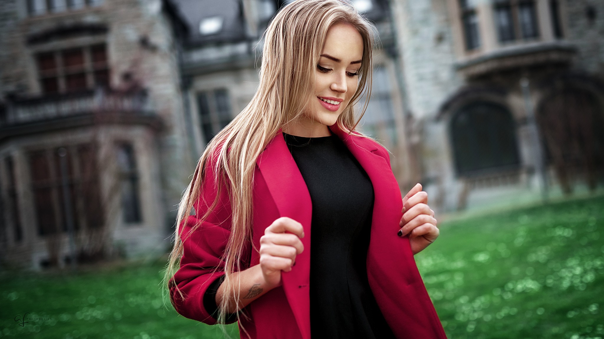 People 2048x1152 women blonde smiling long hair face tattoo women outdoors Alex Fetter Maria Puchnina vest pink coat coats open coat looking below classy inked girls open mouth open clothes ombre hair makeup depth of field bokeh black nails painted nails happy