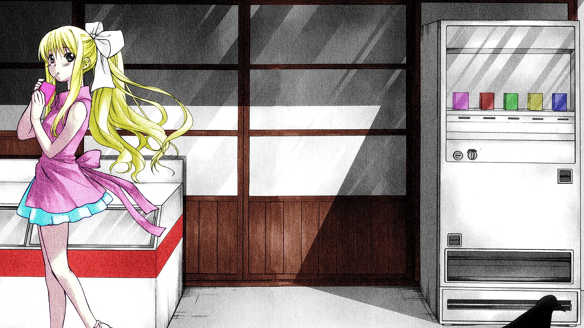 Anime 1920x1080 anime anime girls long hair looking at viewer blonde Air (anime) Kamio Misuzu drinking pink dress dress dark eyes vending machine