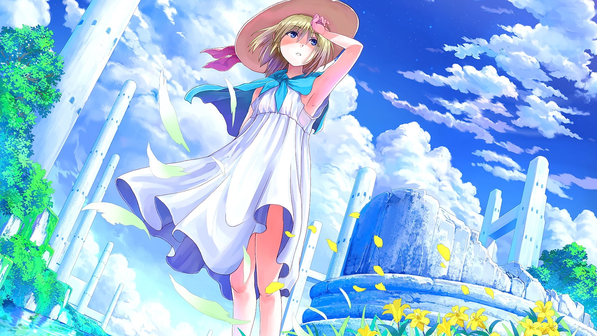 Anime 1920x1080 anime girls anime blonde hat blue eyes looking away sky clouds original characters women with hats dress white dress white clothing shoulder length hair