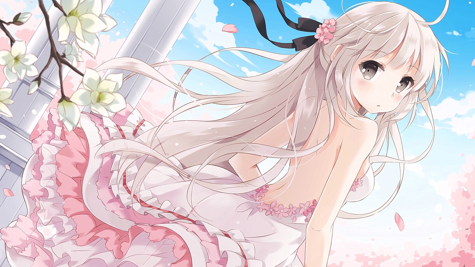 Anime 1920x1080 anime anime girls blonde long hair gray eyes open mouth flowers looking at viewer