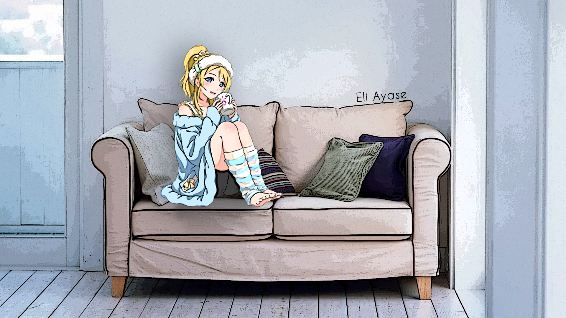 Anime 1920x1080 couch Ayase Eli anime girls barefoot cup anime blonde women indoors indoors