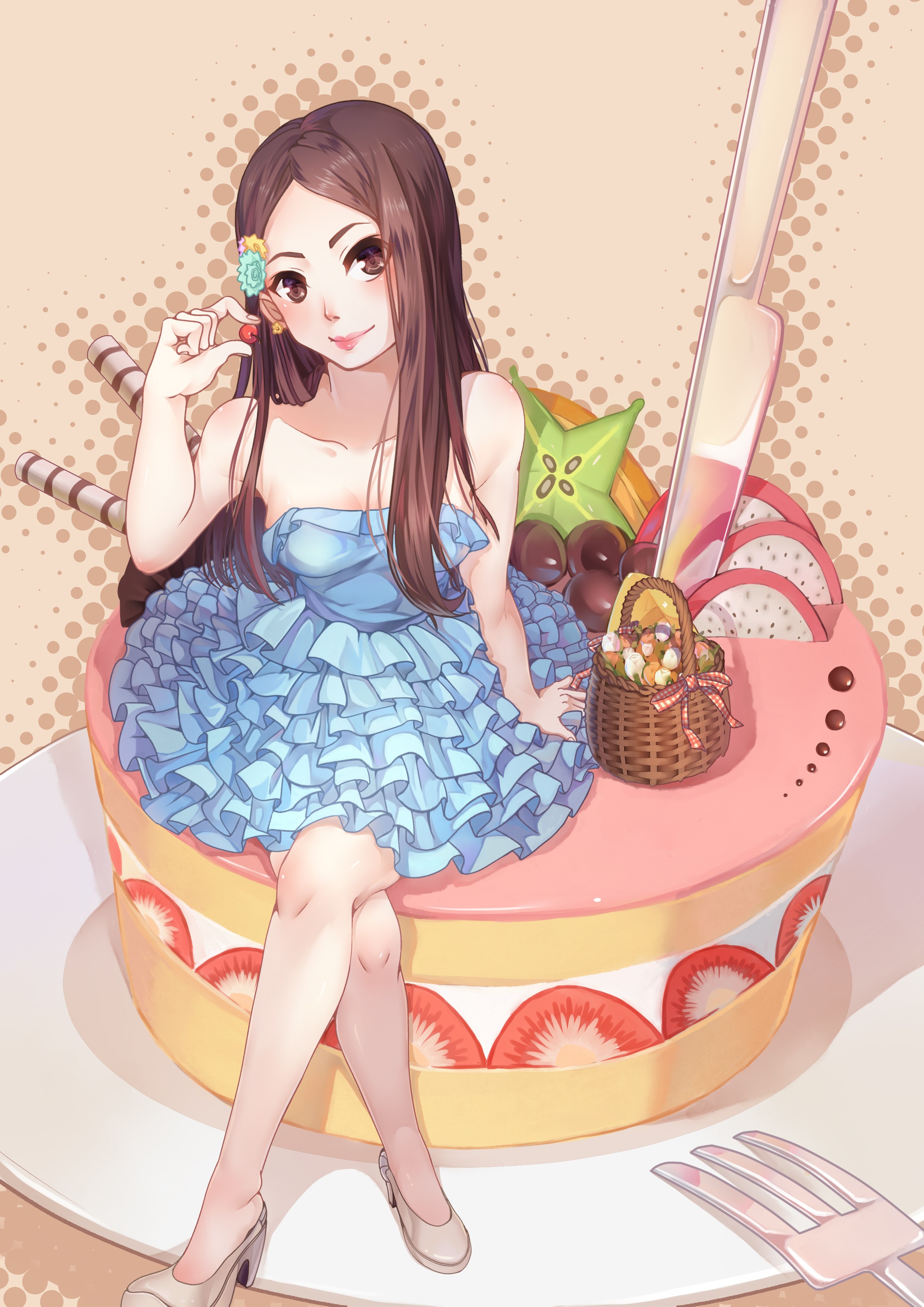 Anime 2480x3507 anime anime girls dress heels long hair candy original characters sweets cake Pixiv legs crossed baskets blue dress looking at viewer