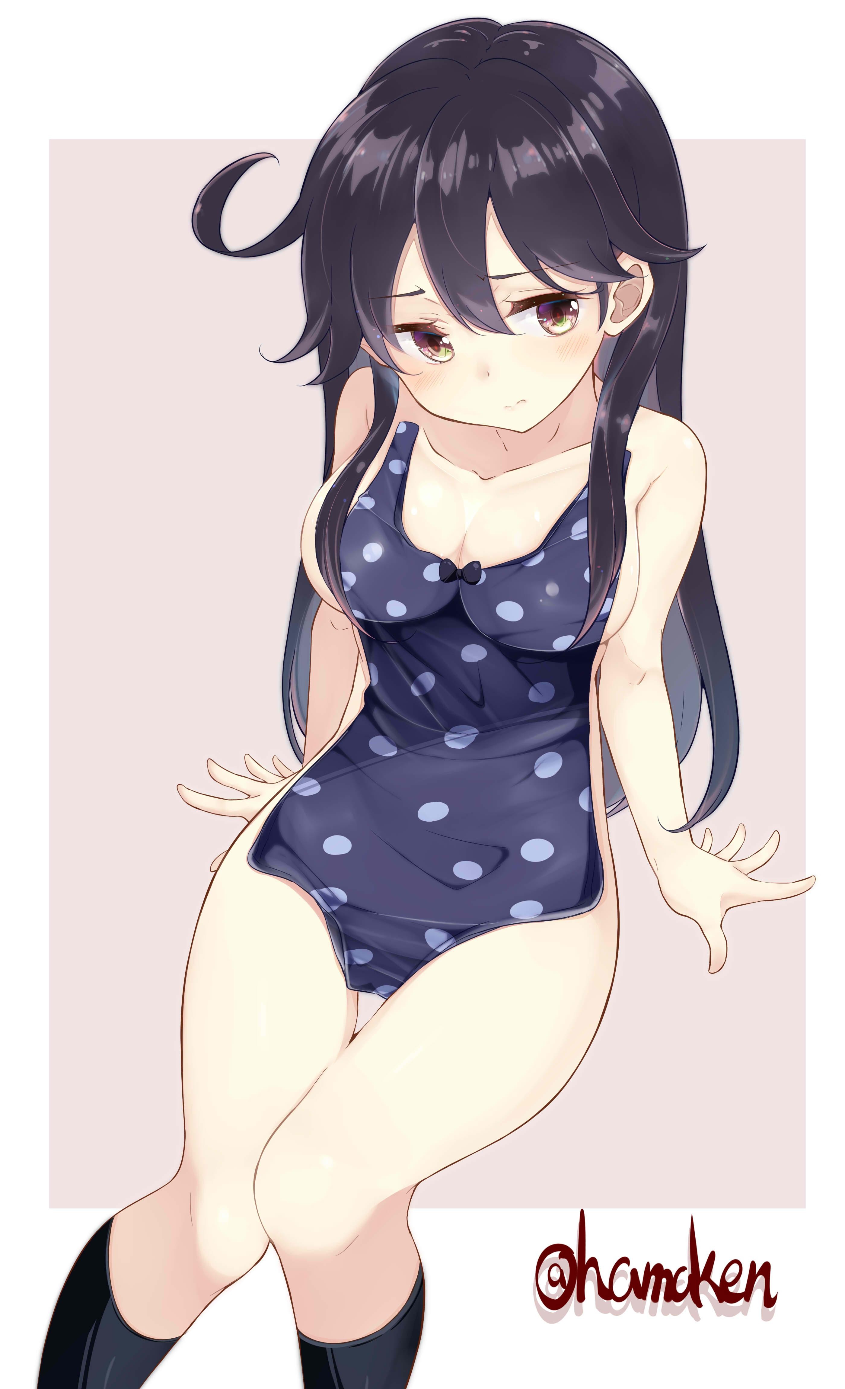 Anime 2800x4600 anime anime girls Kantai Collection Ushio (KanColle) swimwear simple background knees together polka dots long hair