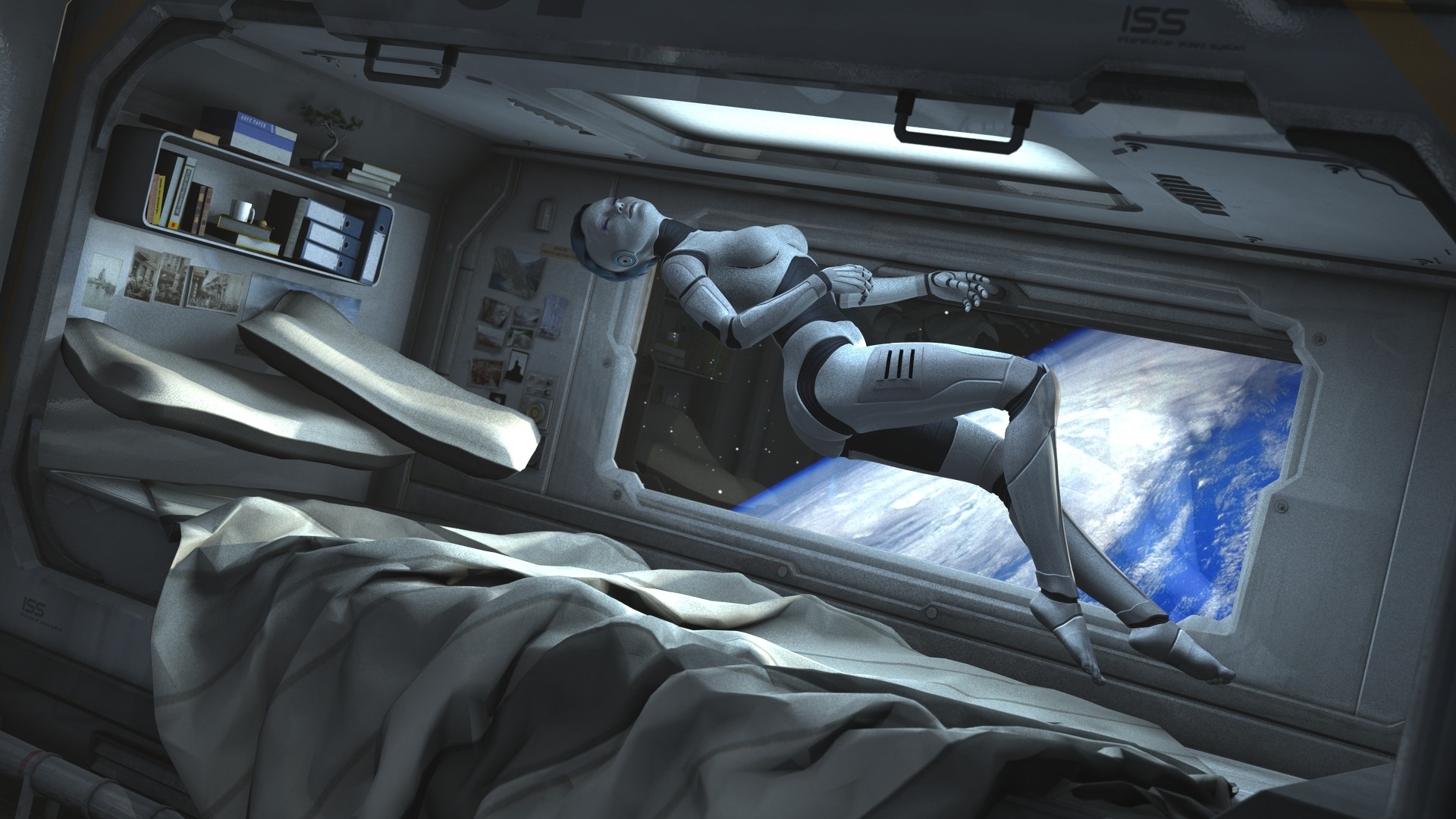 General 1920x1080 robot cyborg spaceship cabin space women zero gravity Earth bed artwork futuristic fantasy art Gynoid science fiction