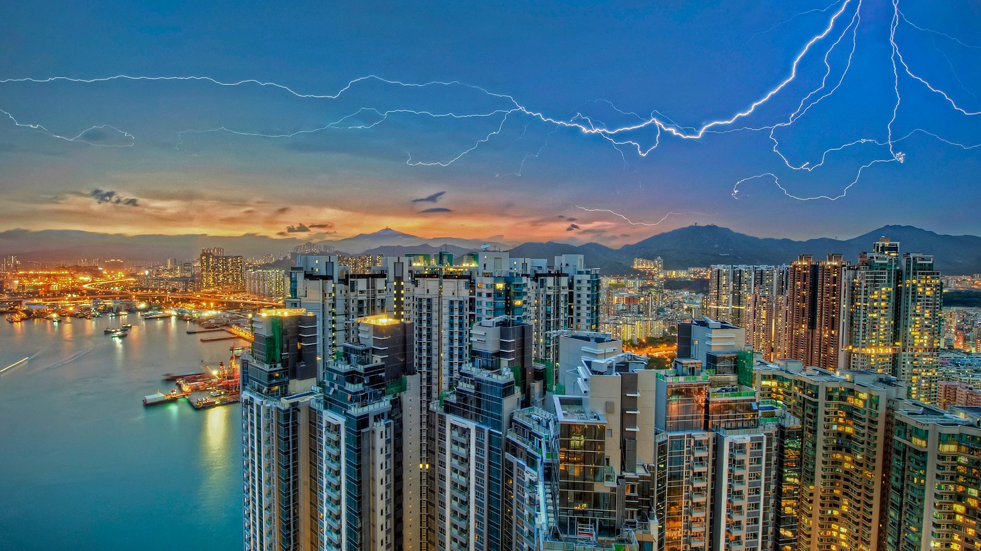 General 1920x1080 cityscape lightning HDR building city lights