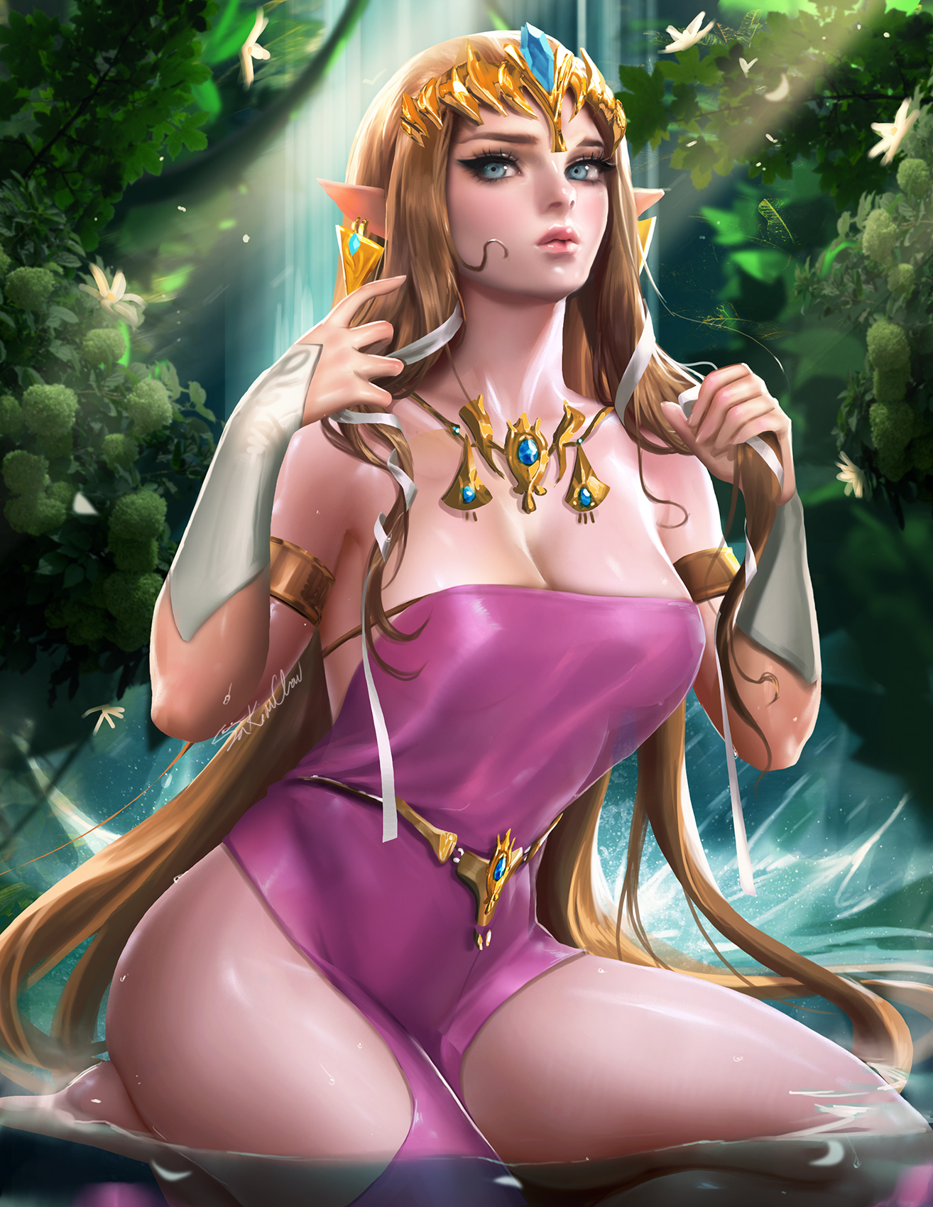 Anime 1314x1700 Sakimichan cleavage pink dress no bra pointy ears Zelda The Legend of Zelda: Breath of the Wild wet blonde waterfall fantasy girl big boobs