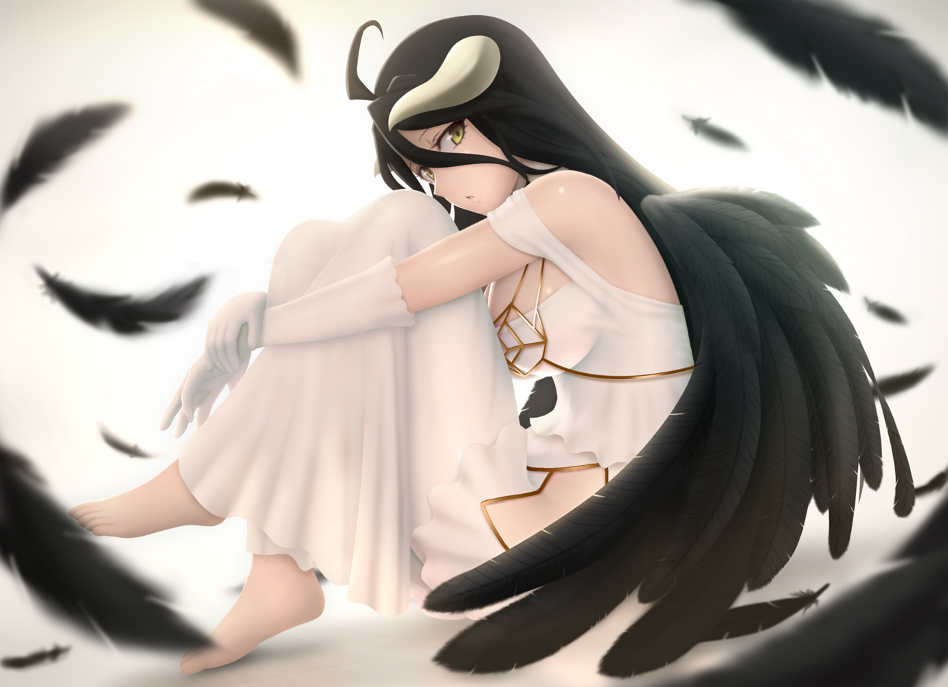 Anime 1380x1000 boobs Albedo (OverLord) Overlord (anime) black wings horns yellow eyes white background white dress