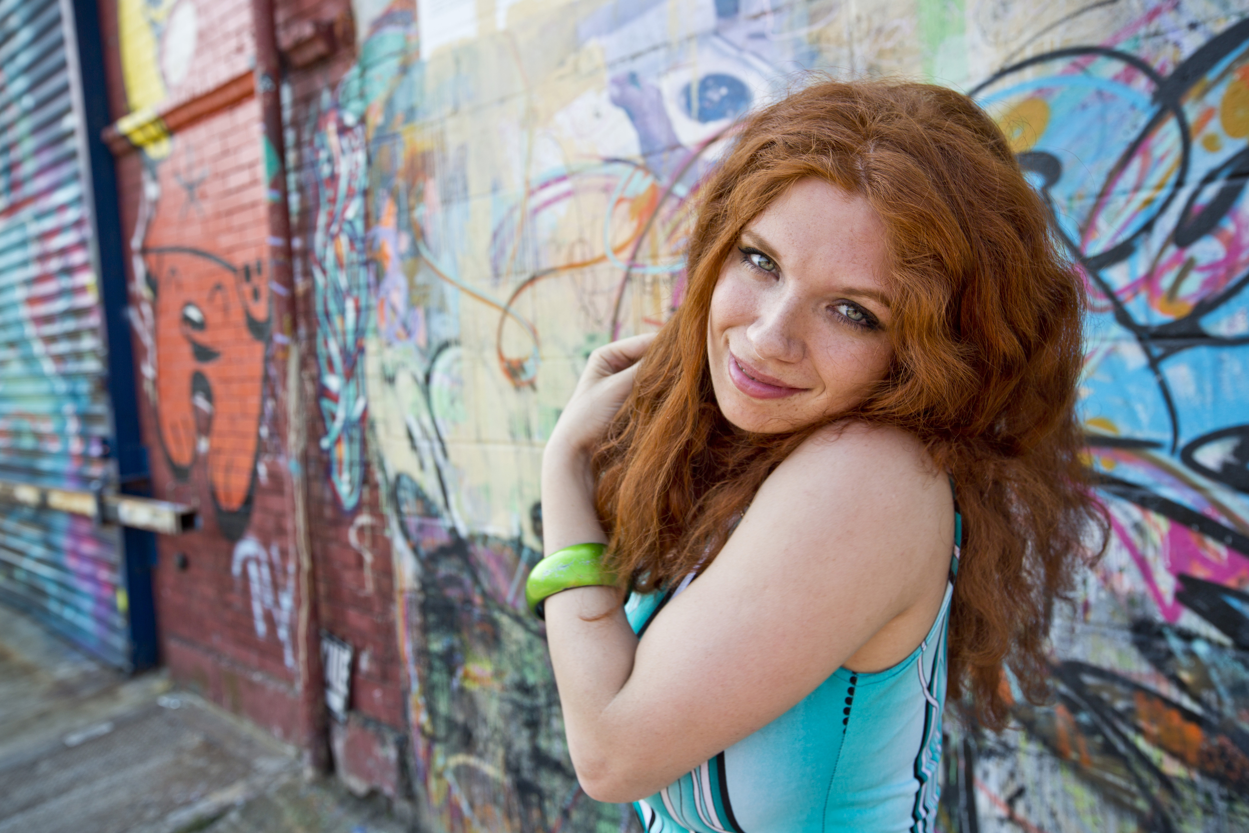 People 2500x1667 women model redhead long hair freckles urban smiling wall graffiti touching hair wavy hair Rob Boudon Diana Koudin