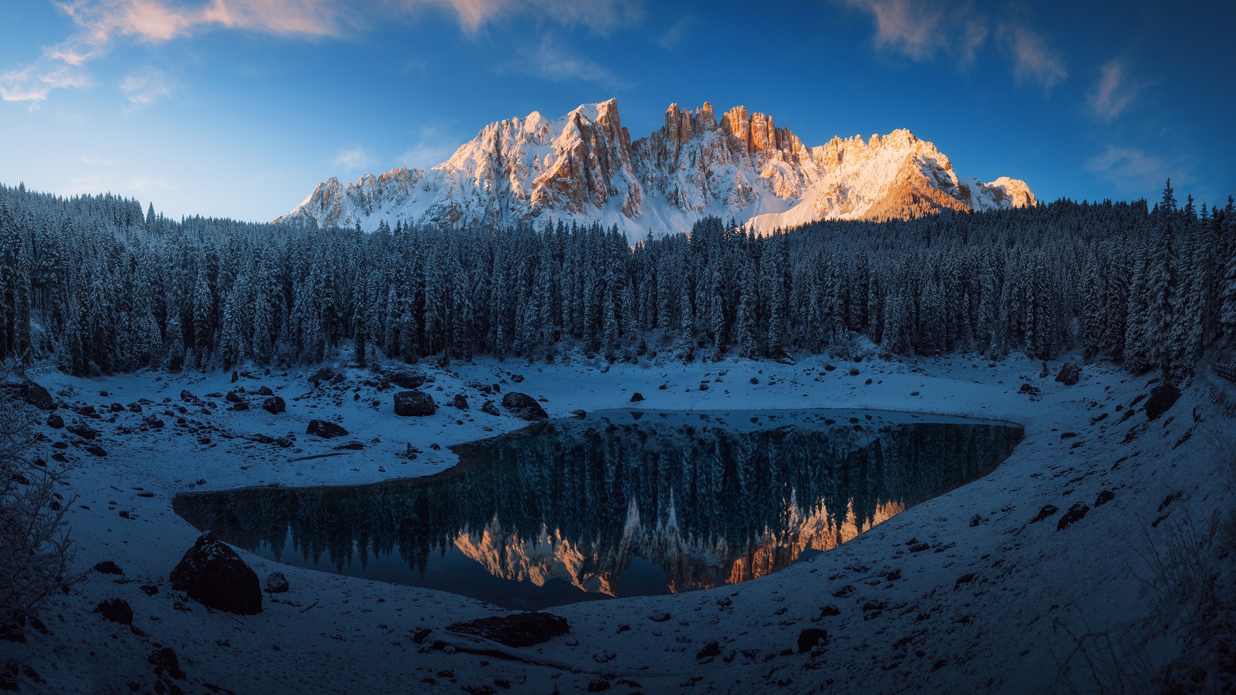 General 2500x1406 mountains nature landscape trees Dolomites reflection pond winter snowy peak snowy mountain cold ice snow outdoors