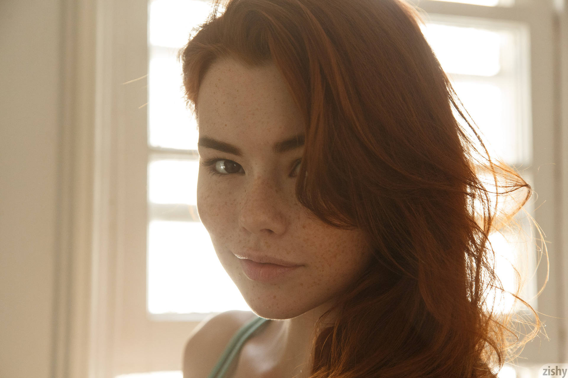 People 1920x1280 women model redhead long hair Sabrina Lynn freckles looking at viewer face portrait watermarked closeup