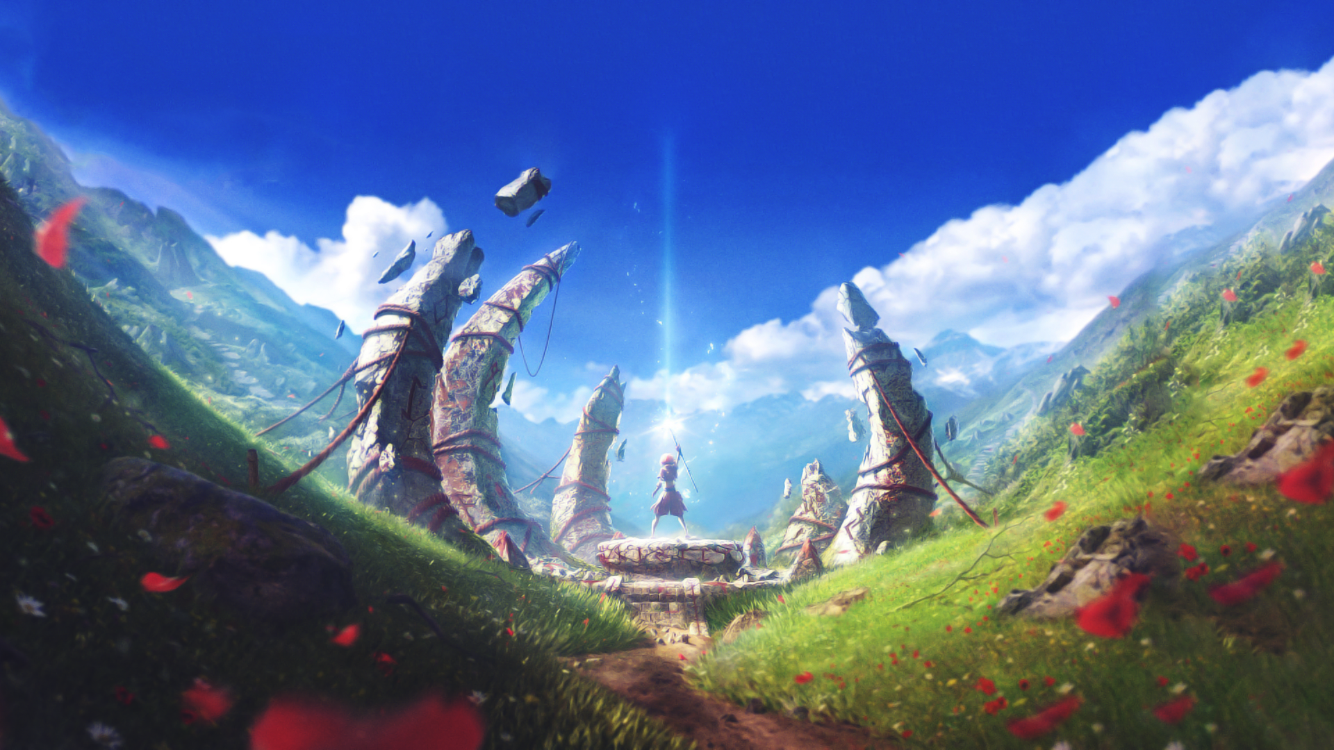 General 1920x1080 digital art flowers clouds temple staff mountains