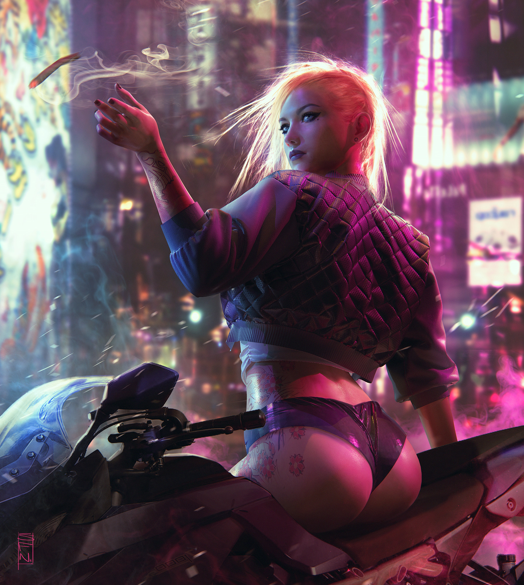 General 1792x2000 digital art women blonde technology cigarettes city jacket motorcycle cyberpunk
