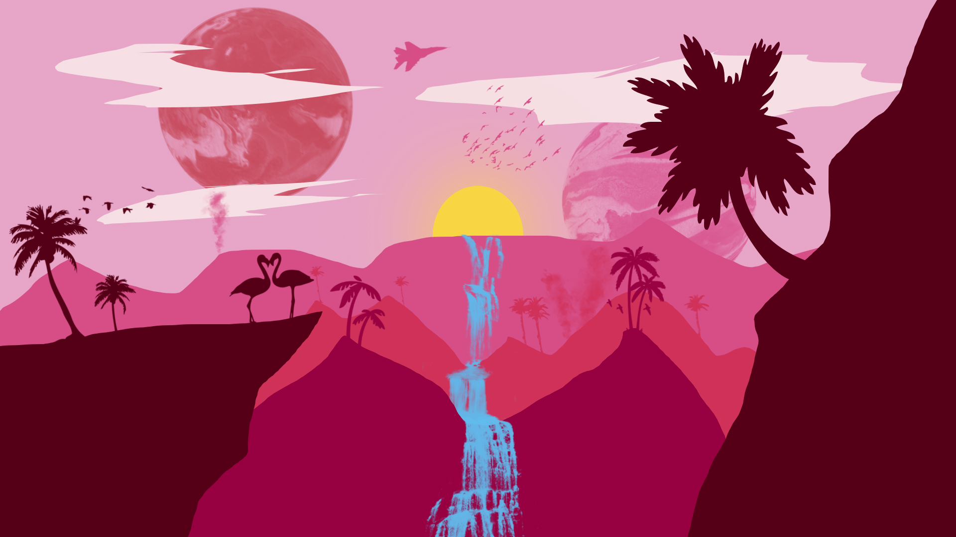 General 1920x1080 pink palm trees waterfall flamingos digital art photoshopped clouds planet birds Sun airplane mountains red