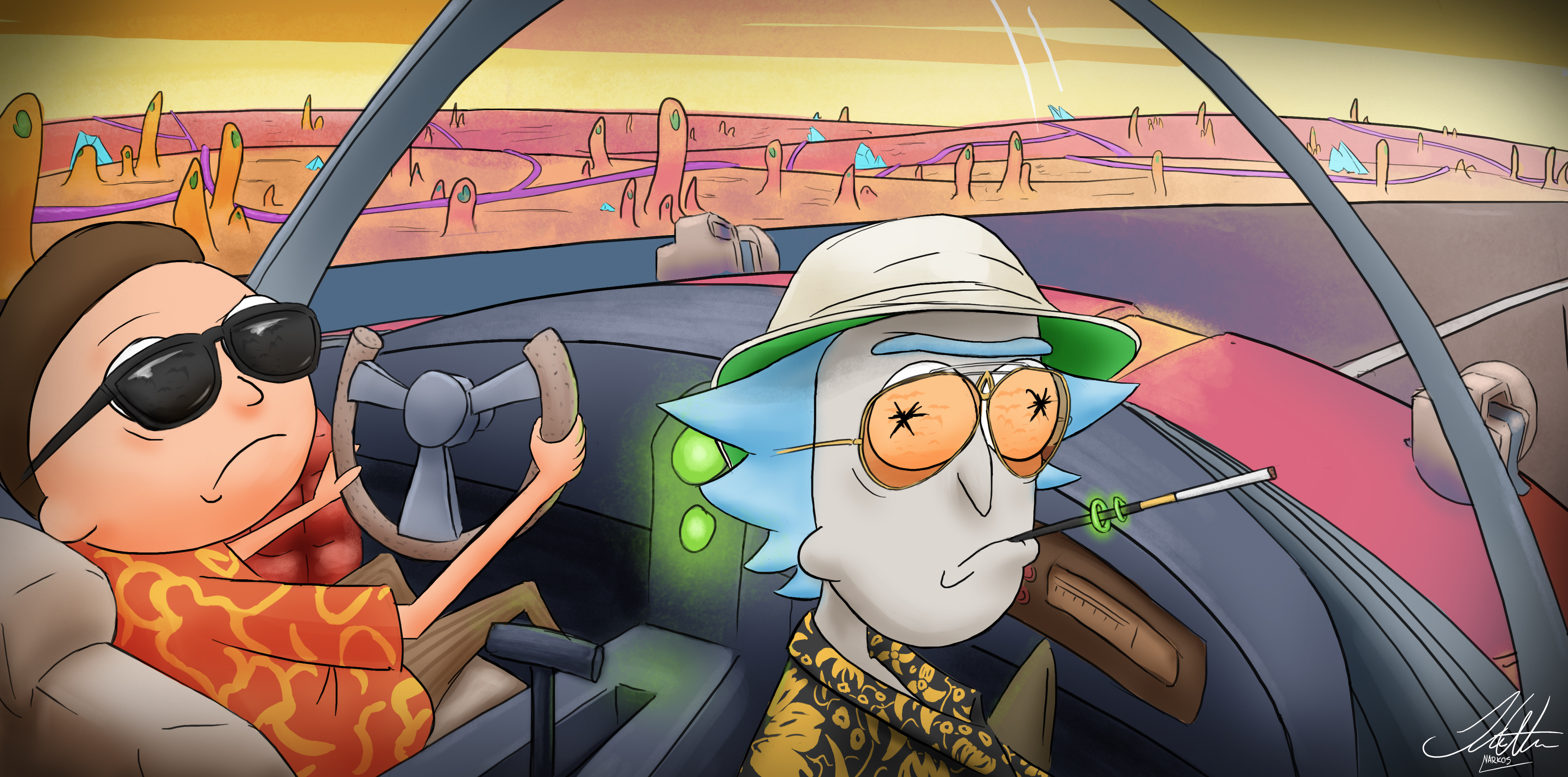 General 4032x2000 Rick and Morty drawing Fear and Loathing in Las Vegas crossover cigarettes