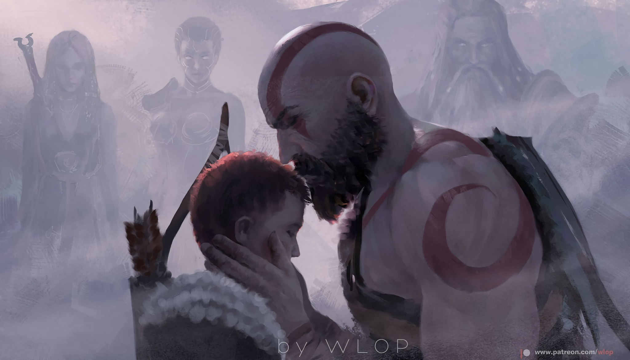General 2048x1172 digital art artwork video games Kratos men beard WLOP tattoo God of War God of War (2018) Atreus Athena Freya Zeus