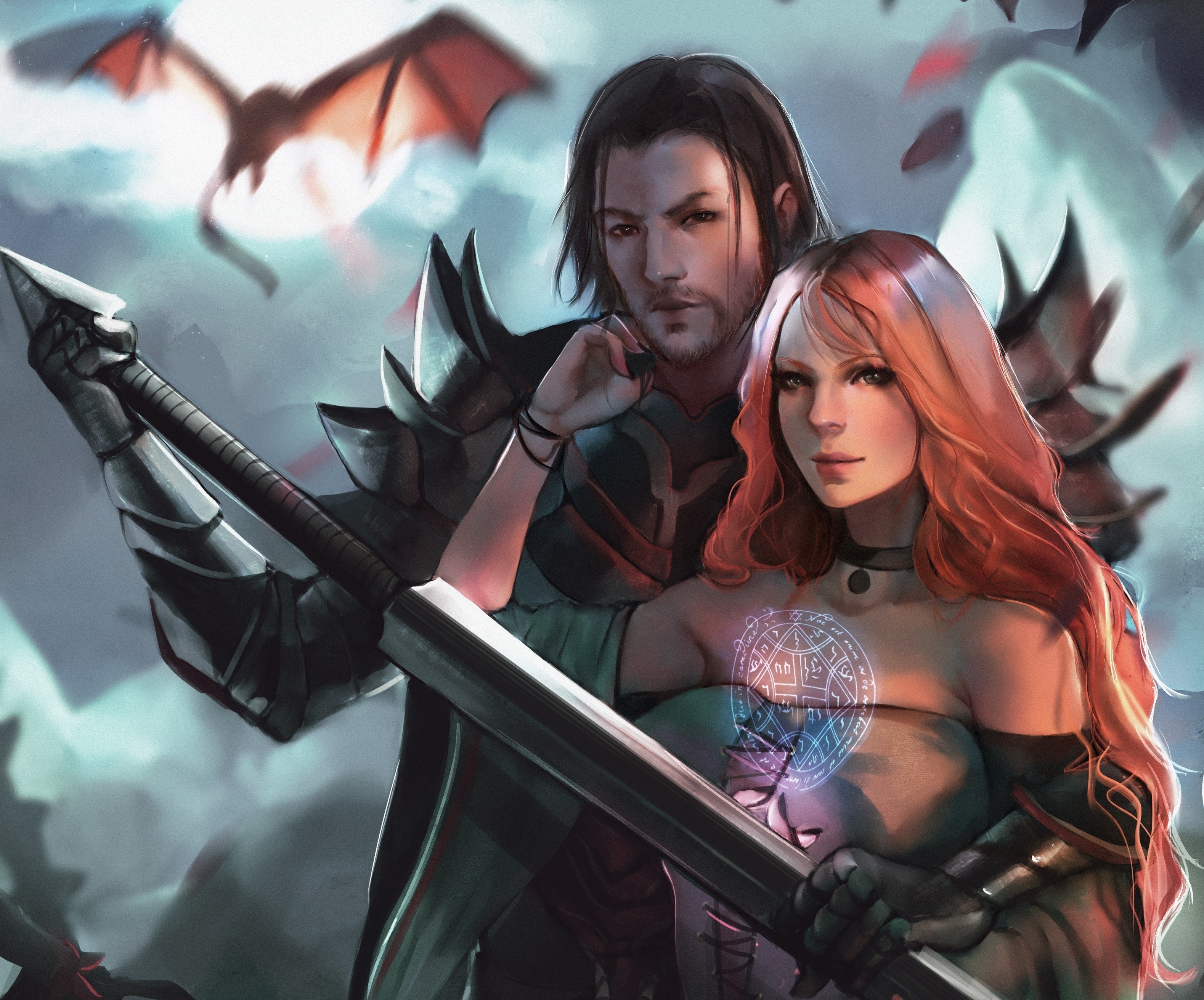 General 3158x2623 warrior fantasy art artwork fantasy girl men women long hair redhead weapon