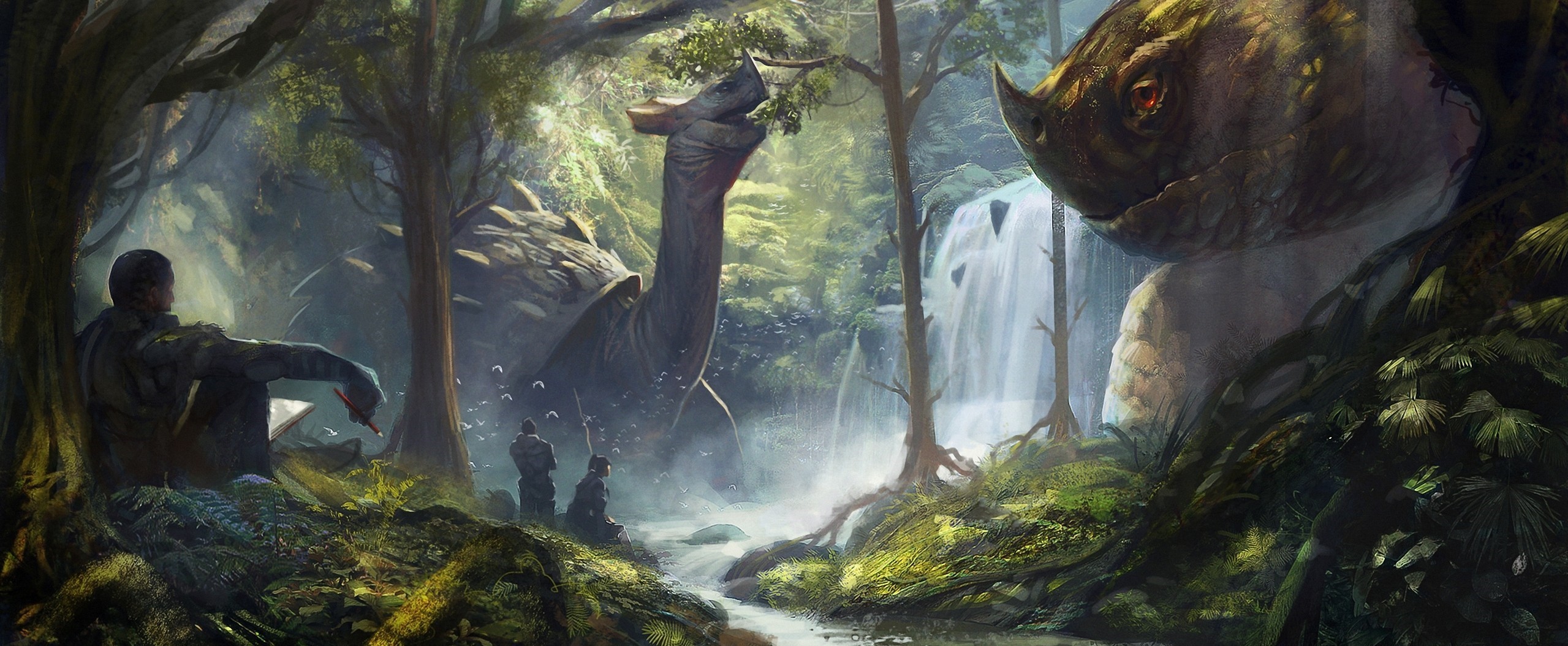 General 2559x1054 fantasy art artwork dinosaurs animals forest