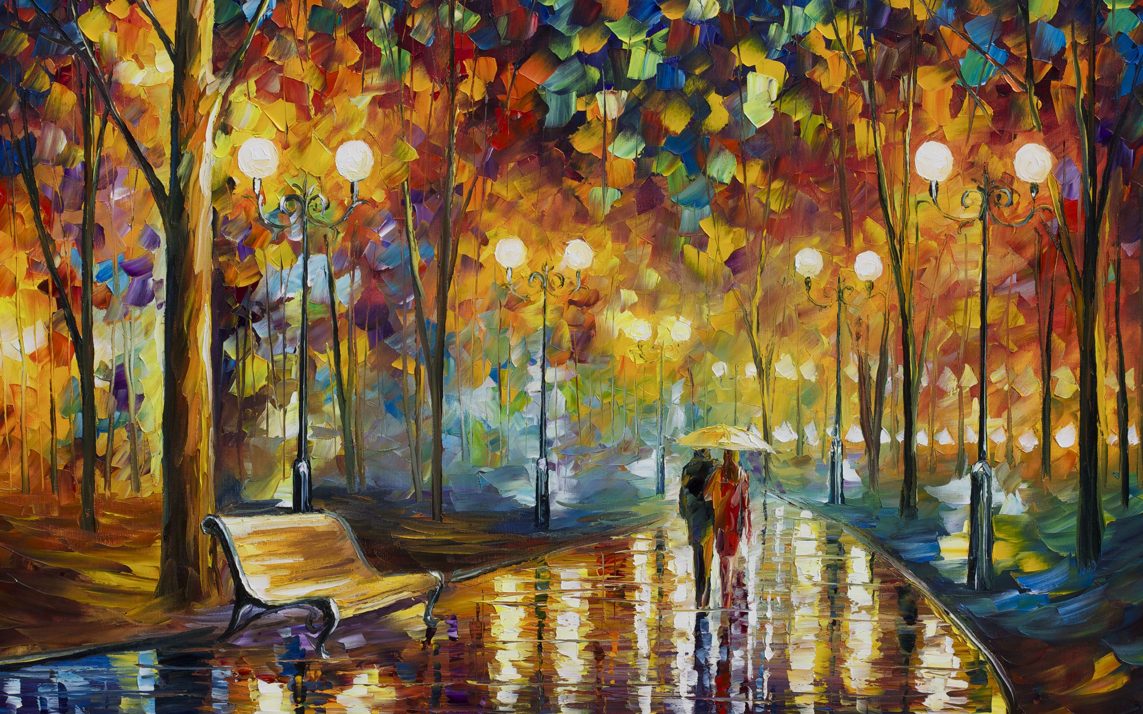 General 3840x2400 painting park rain trees lights artwork couple reflection night bench Leonid Afremov