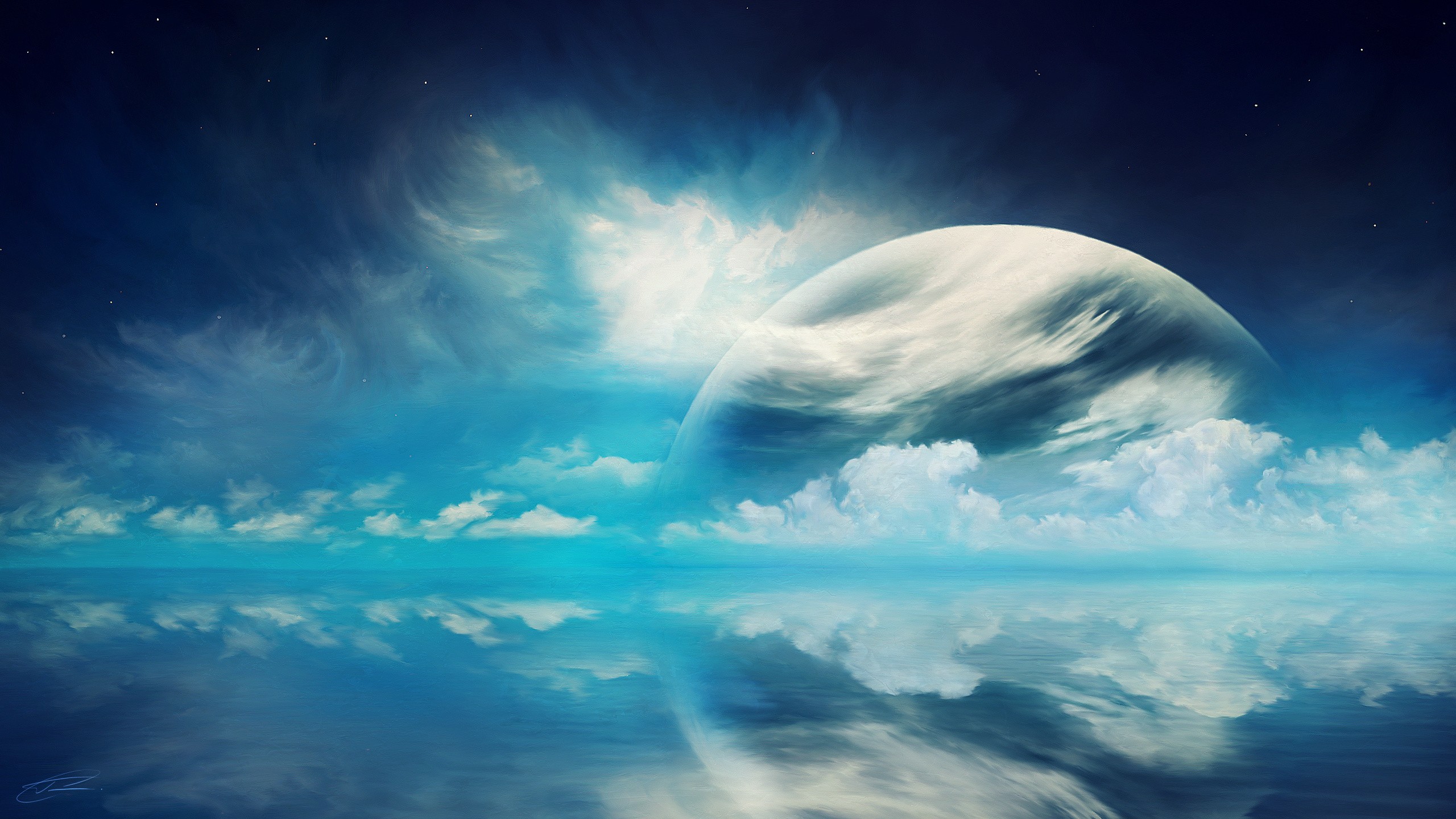 General 2560x1440 planet clouds reflection artwork cyan stars blue digital art sky