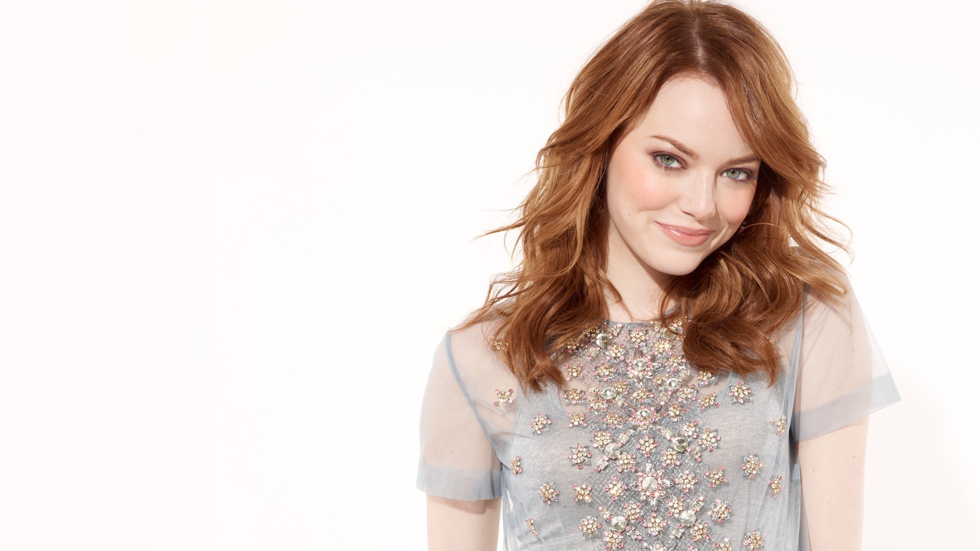 People 1920x1080 women Emma Stone redhead actress auburn hair smiling long hair see-through blouse studio simple background white background