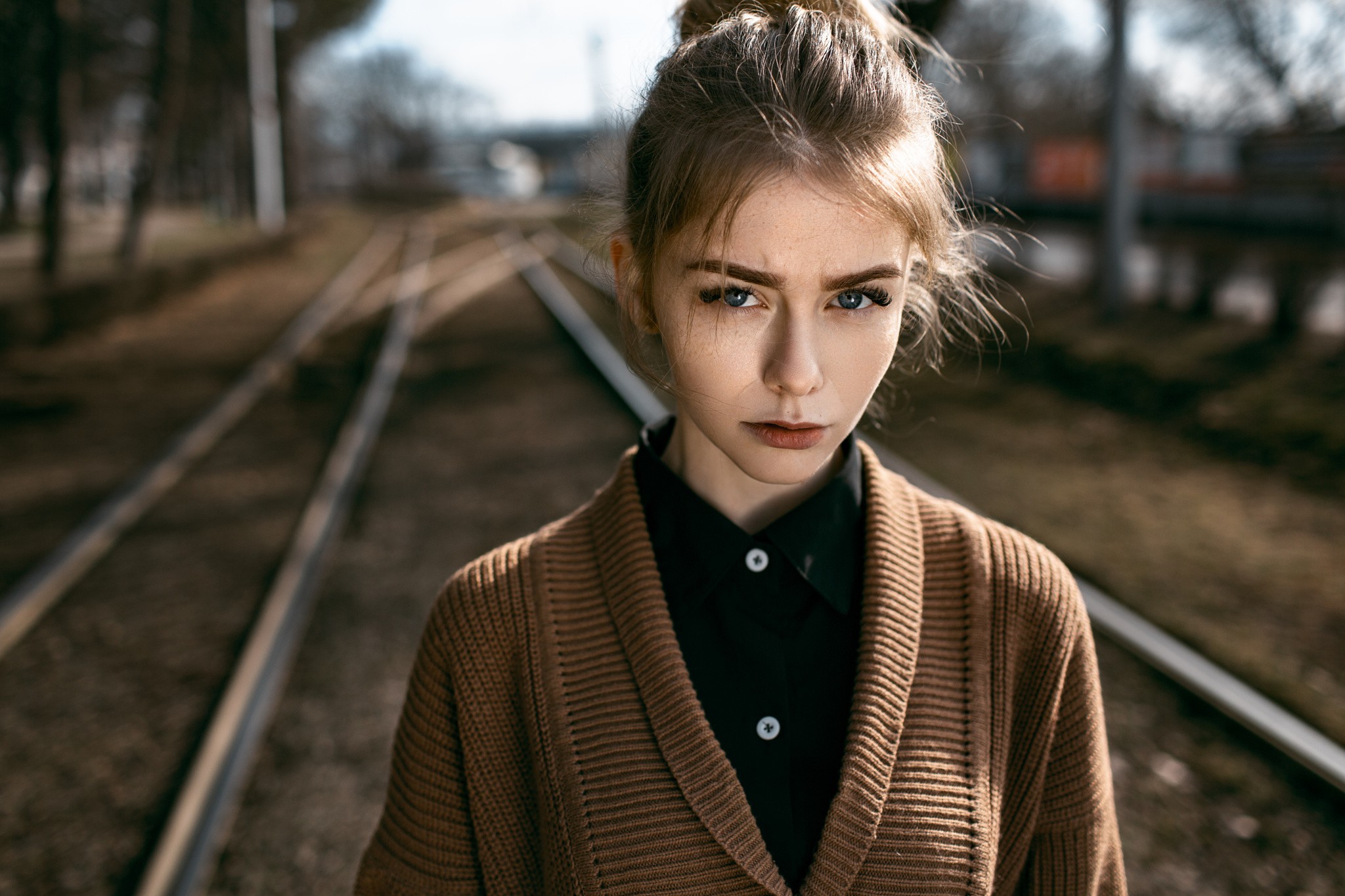 People 2048x1365 women face portrait blonde auburn hair blue eyes women outdoors looking at viewer railway closeup model Alexey Gromakov