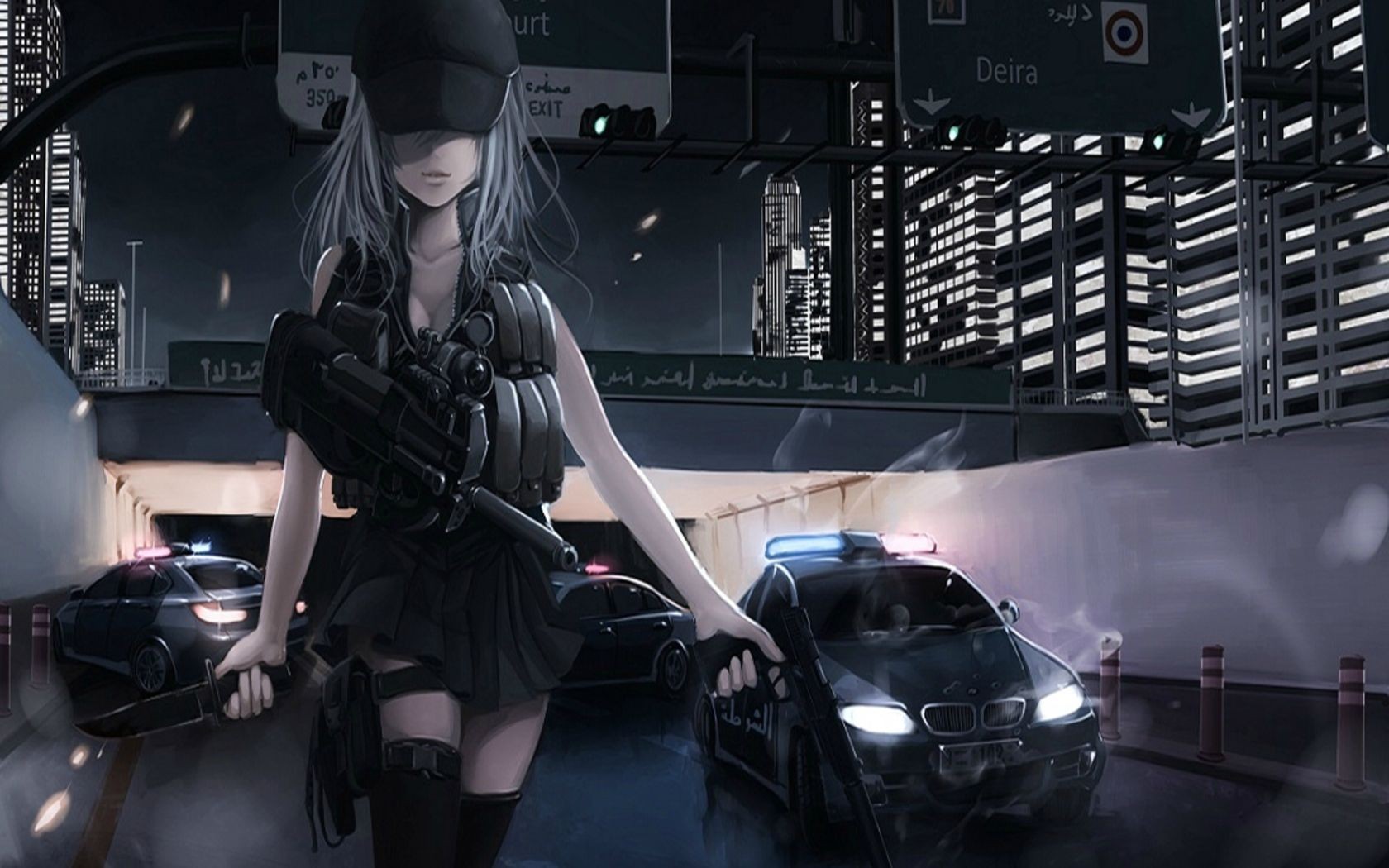 Anime 1680x1050 anime anime girls highway FN P90 police girls with guns hat gun weapon women car knife