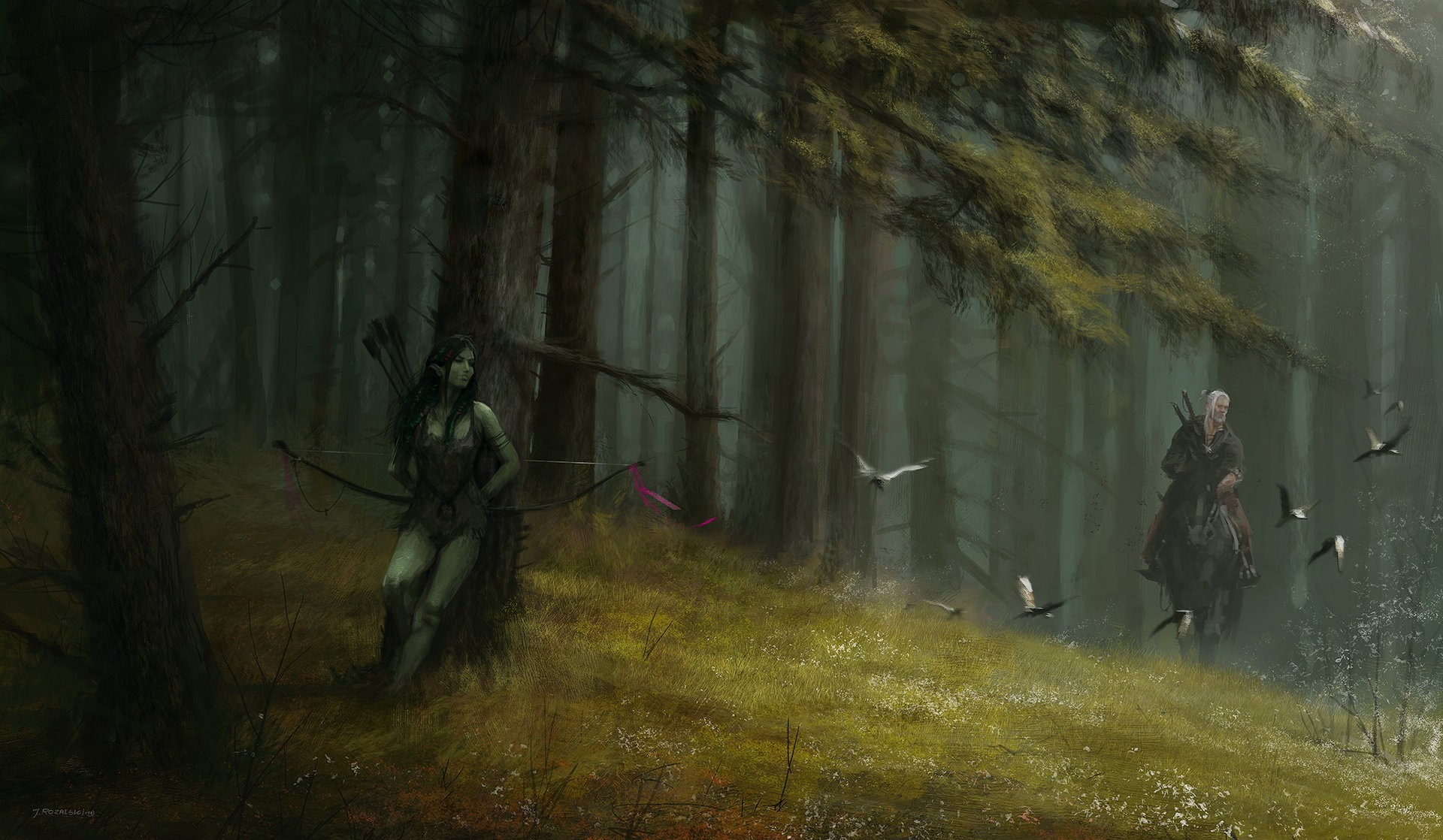 General 1920x1118 fantasy art forest The Witcher The Witcher 3: Wild Hunt RPG video games PC gaming video game art fantasy girl Geralt of Rivia bow and arrow