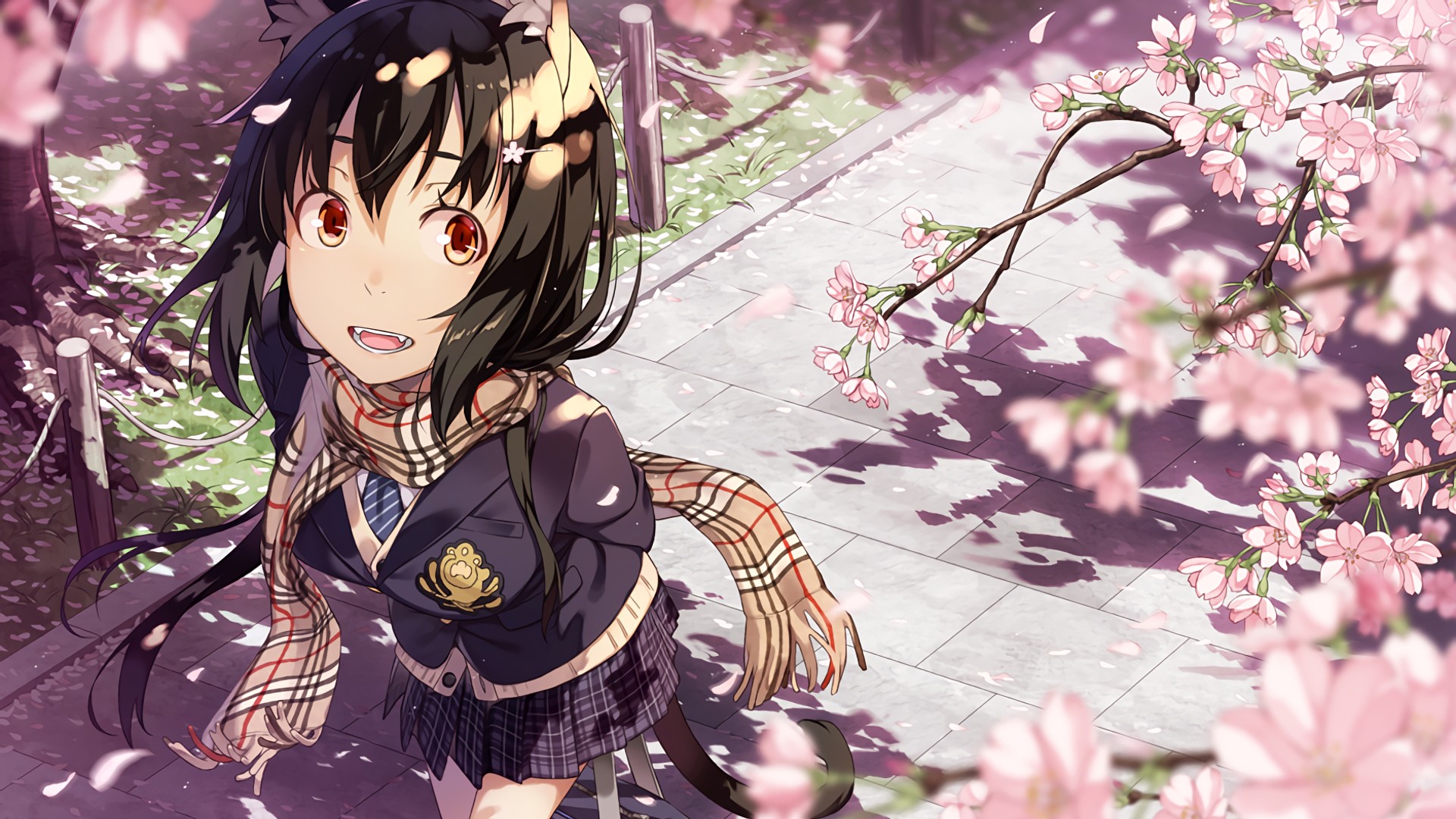 Anime 1920x1080 scarf school uniform animal ears original characters fangs cherry blossom anime girls anime red eyes skirt cat girl tail plants looking at viewer