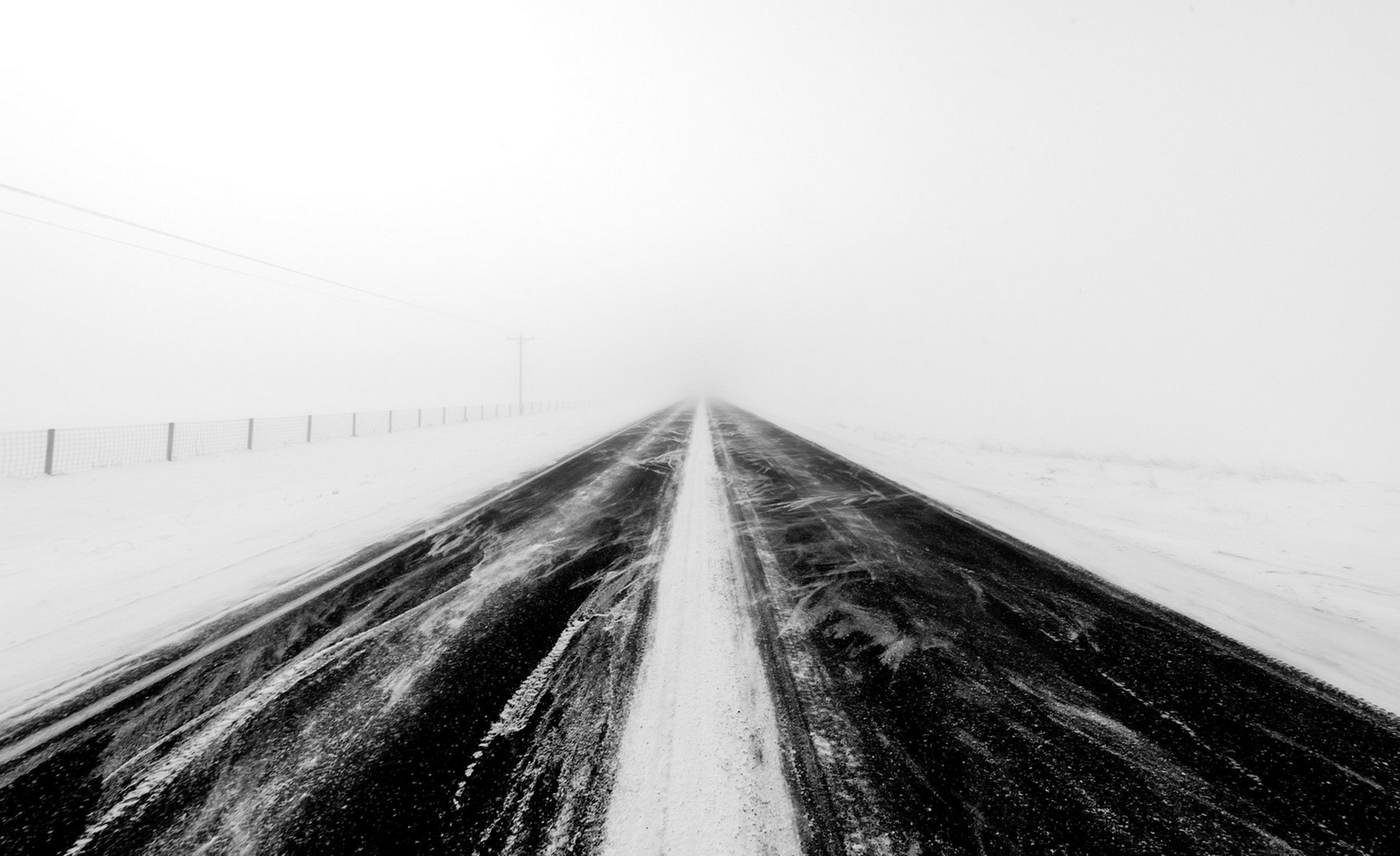 General 1920x1175 road winter landscape snow monochrome mist white bright asphalt black windy minimalism fence cold outdoors