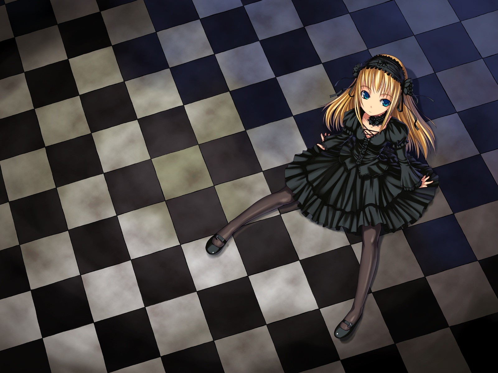 Anime 1600x1200 anime anime girls original characters Bosshi gothic twintails pantyhose checkered chess floor sitting spread legs blonde women looking up dress blue eyes