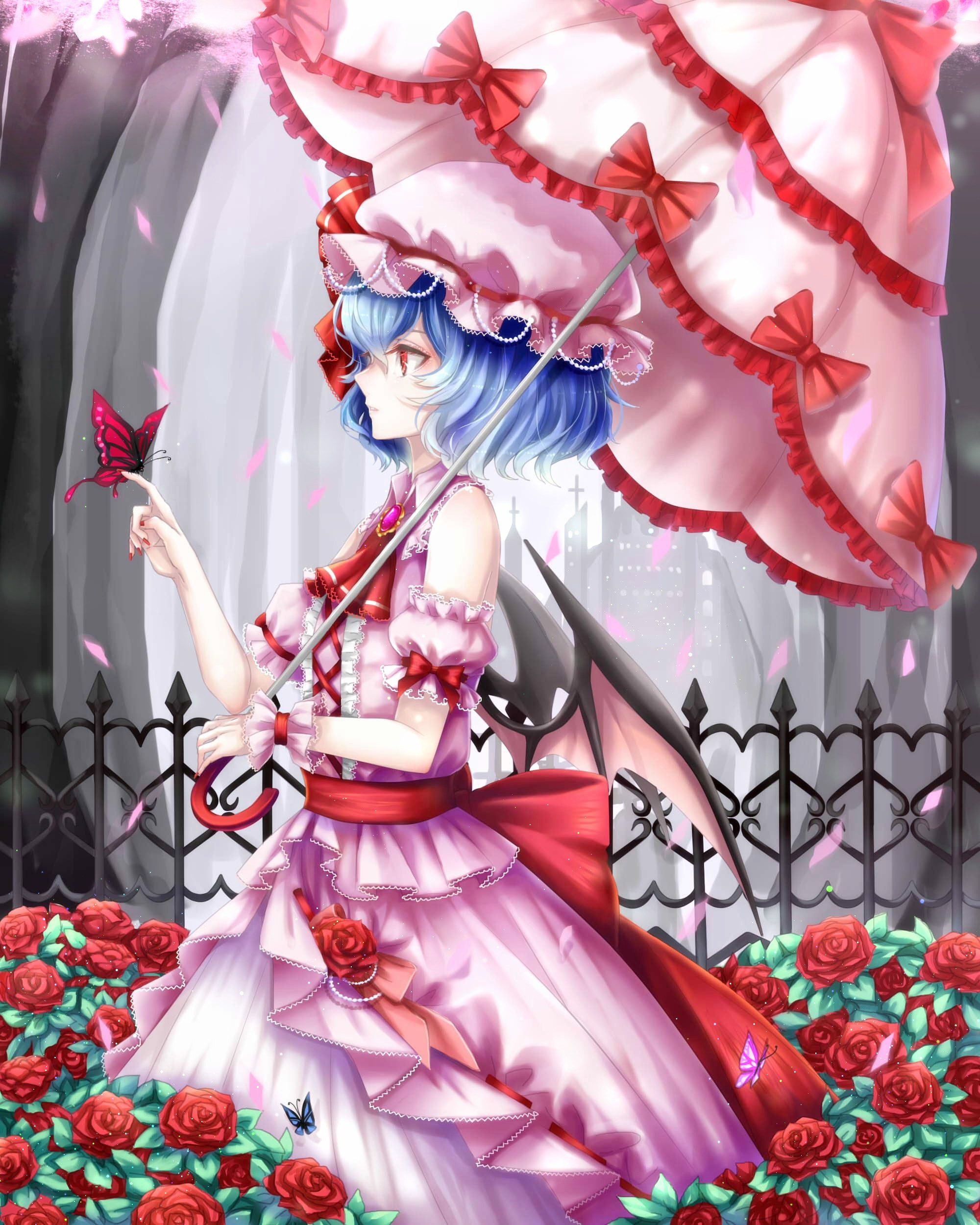 Anime 2000x2500 anime anime girls Touhou Remilia Scarlet dress wings blue hair women with umbrella umbrella butterfly insect animals flowers rose red flowers Pixiv
