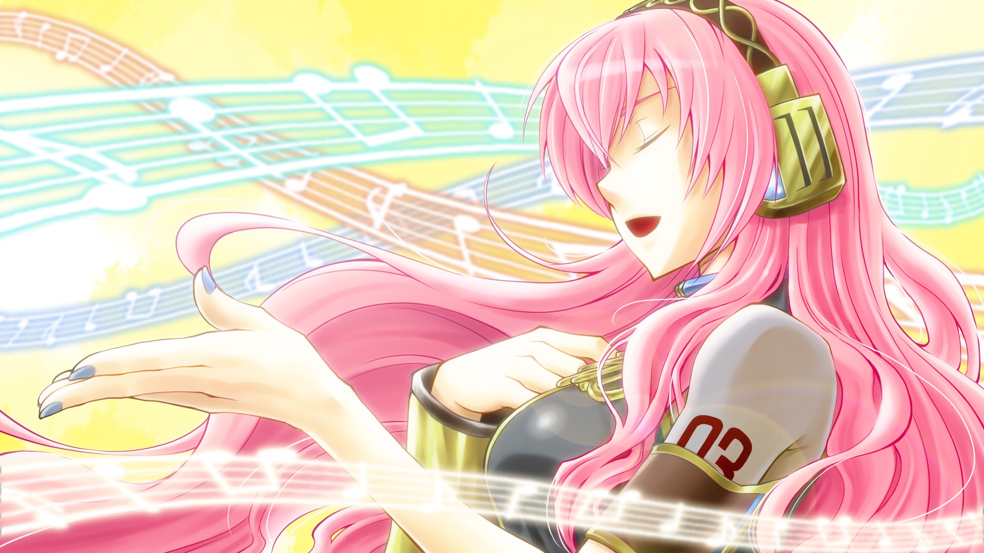 Anime 1920x1080 anime anime girls Vocaloid pink hair Megurine Luka long hair painted nails open mouth closed eyes