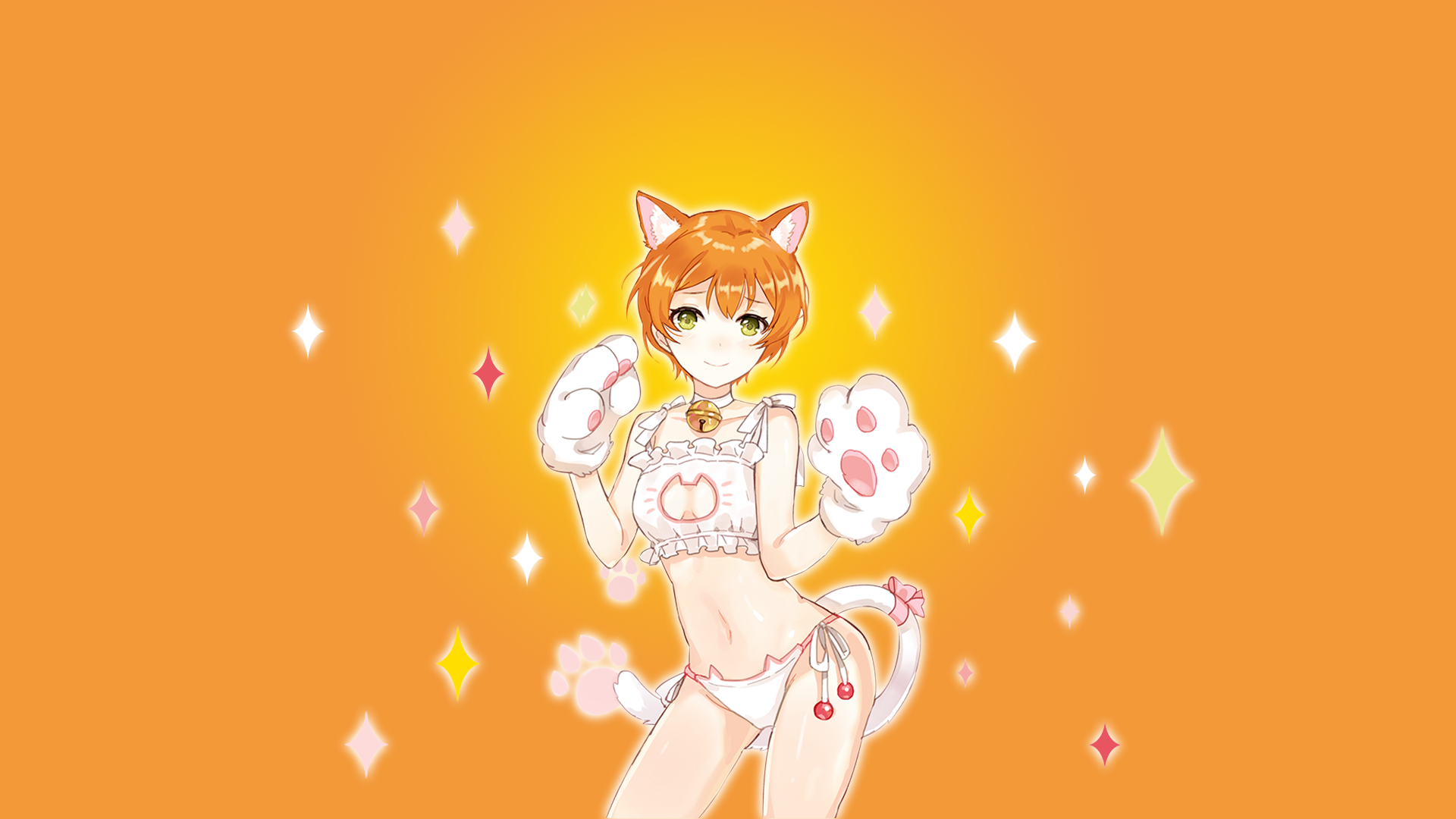 Anime 1920x1080 anime anime girls Love Live! cat girl Hoshizora Rin cat keyhole bra orange background simple background gradient bra panties animal ears tail smiling green eyes