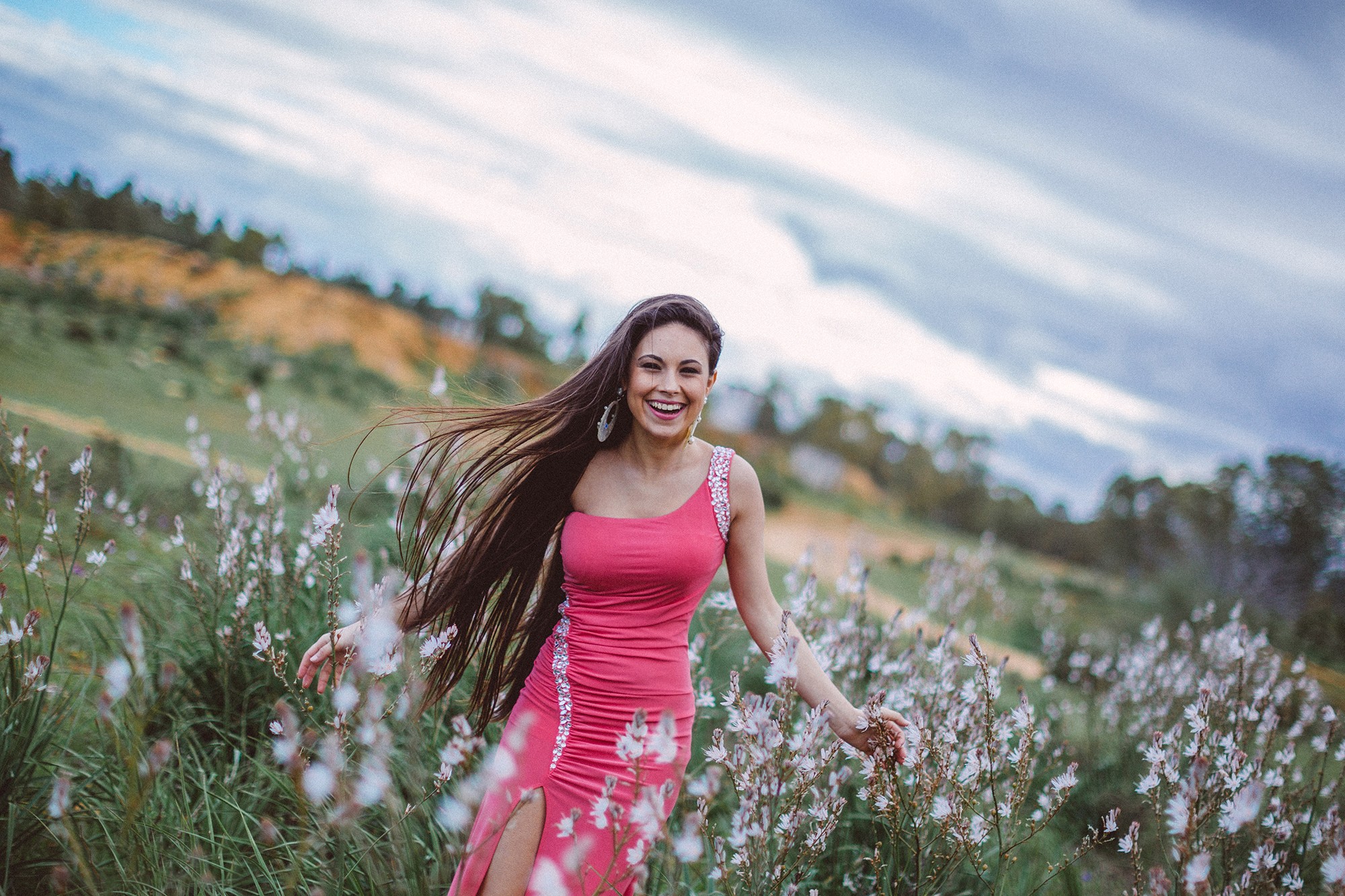 People 2000x1333 field nature women outdoors women model happy dress pink dress pink clothing brunette open mouth smiling long hair looking at viewer plants