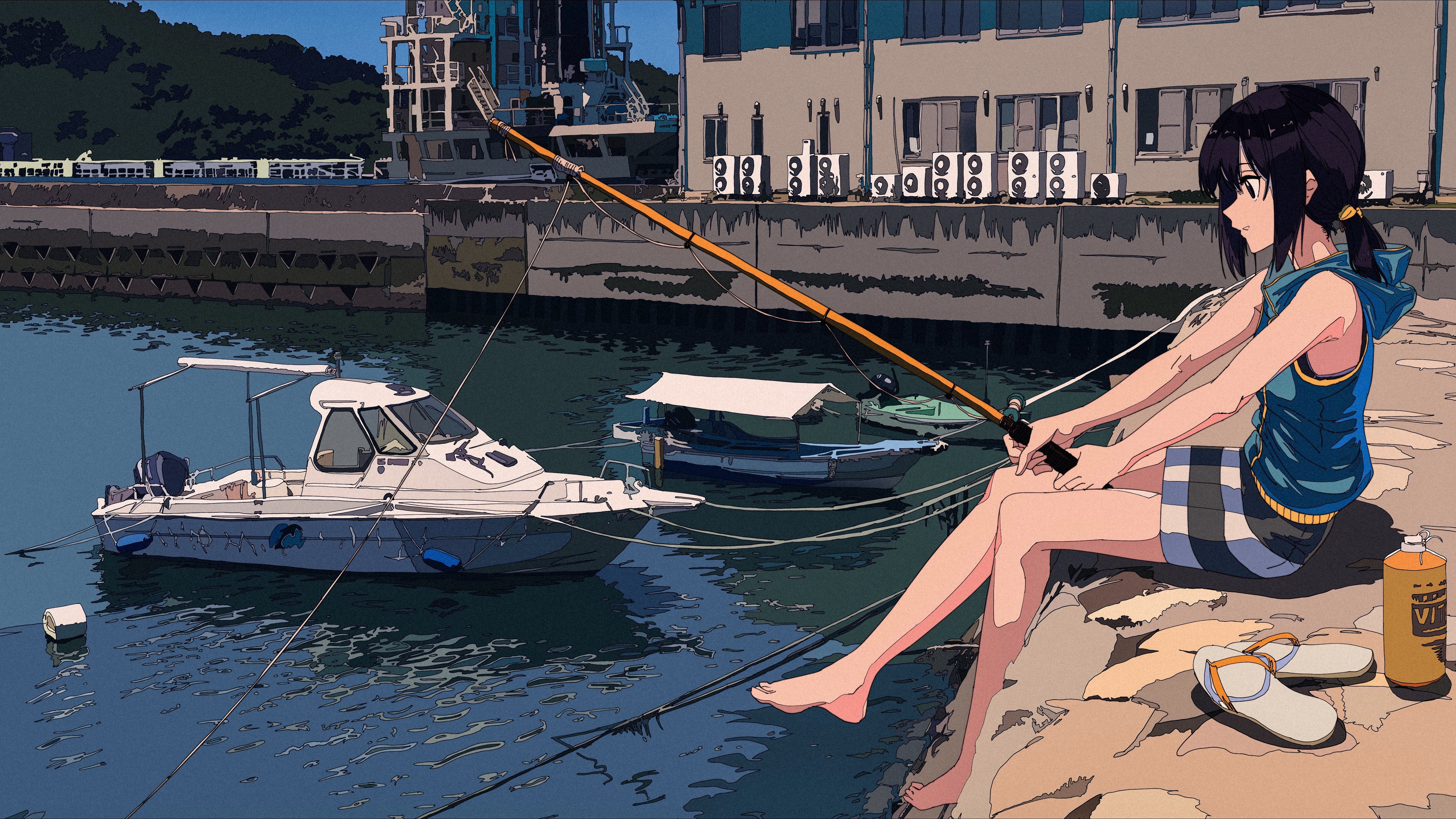 Anime 5127x2884 fishing barefoot boat anime girls anime dock artwork Cogecha