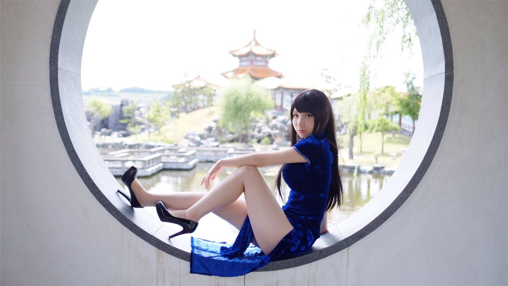 People 1920x1080 women Asian cheongsam dark hair blue dress legs high heels