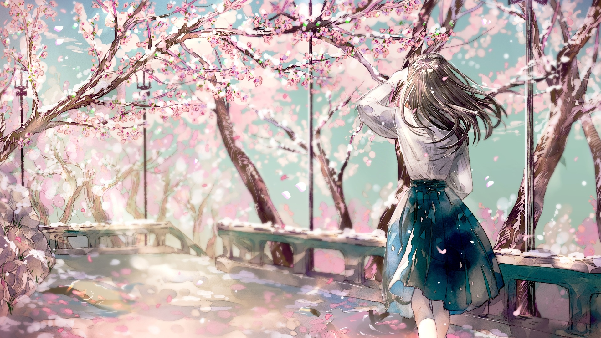 Anime 1920x1080 anime anime girls cherry trees pink flowers cherry blossom