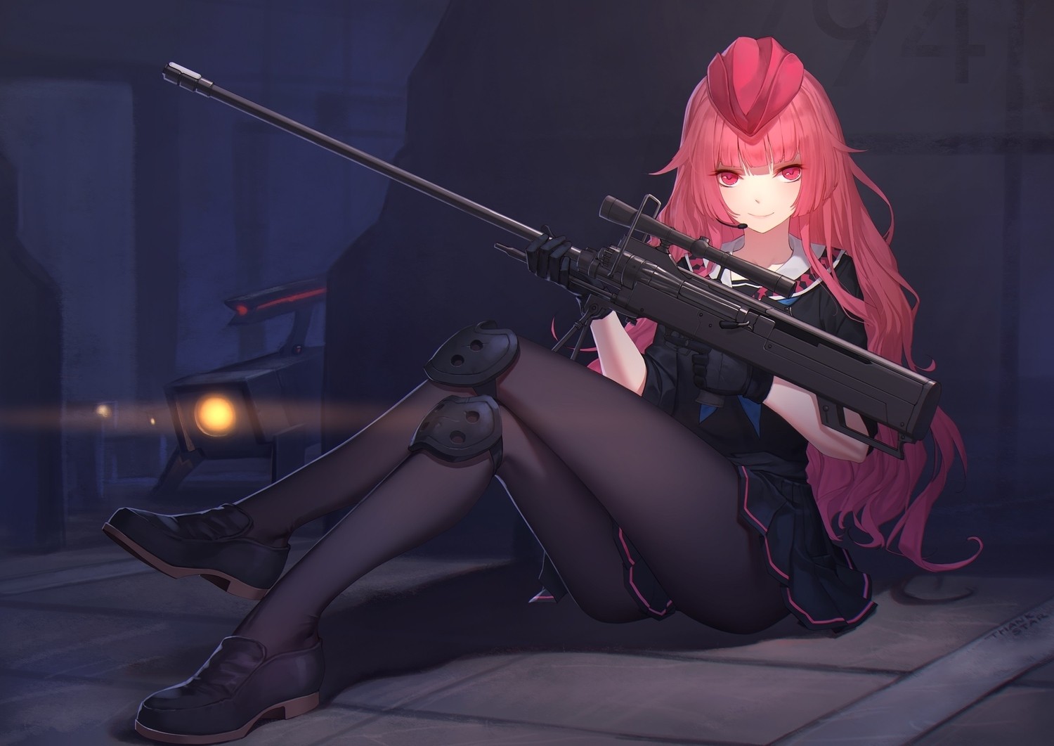 Anime 1500x1061 anime girls anime weapon legs crossed legs long hair red eyes pantyhose sniper rifle