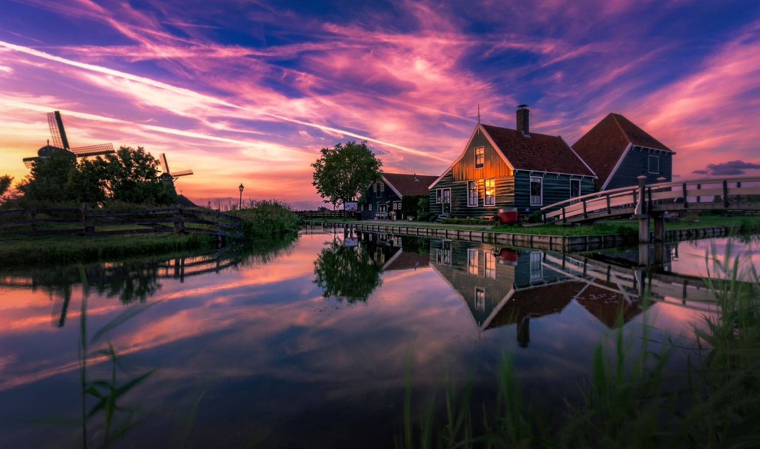General 1500x887 nature landscape photography summer sunset house bridge canal windmill reflection Netherlands Zaanse Schans
