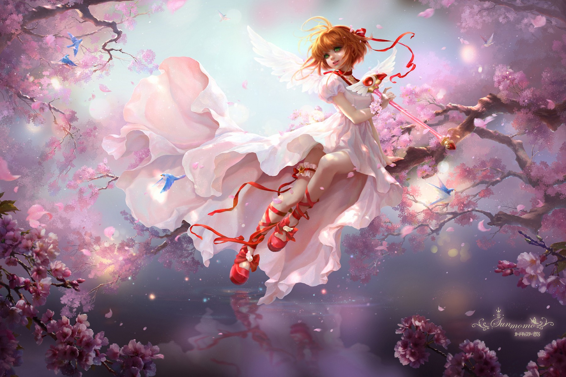 Anime 1800x1200 anime anime girls Cardcaptor Sakura Kinomoto Sakura dress weapon wings short hair green eyes legs ArtStation fantasy art fantasy girl redhead flowers plants sky