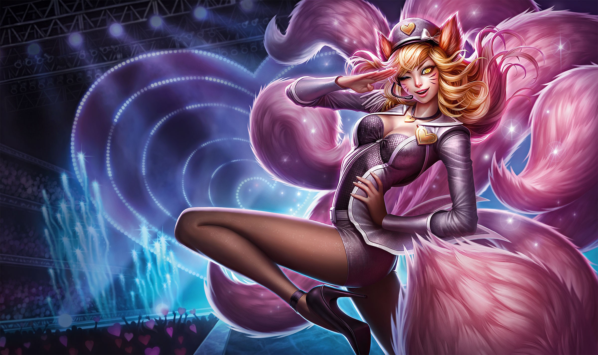 Anime 2400x1427 anime anime girls League of Legends Ahri (League of Legends) animal ears cleavage heels tail long hair yellow eyes open shirt