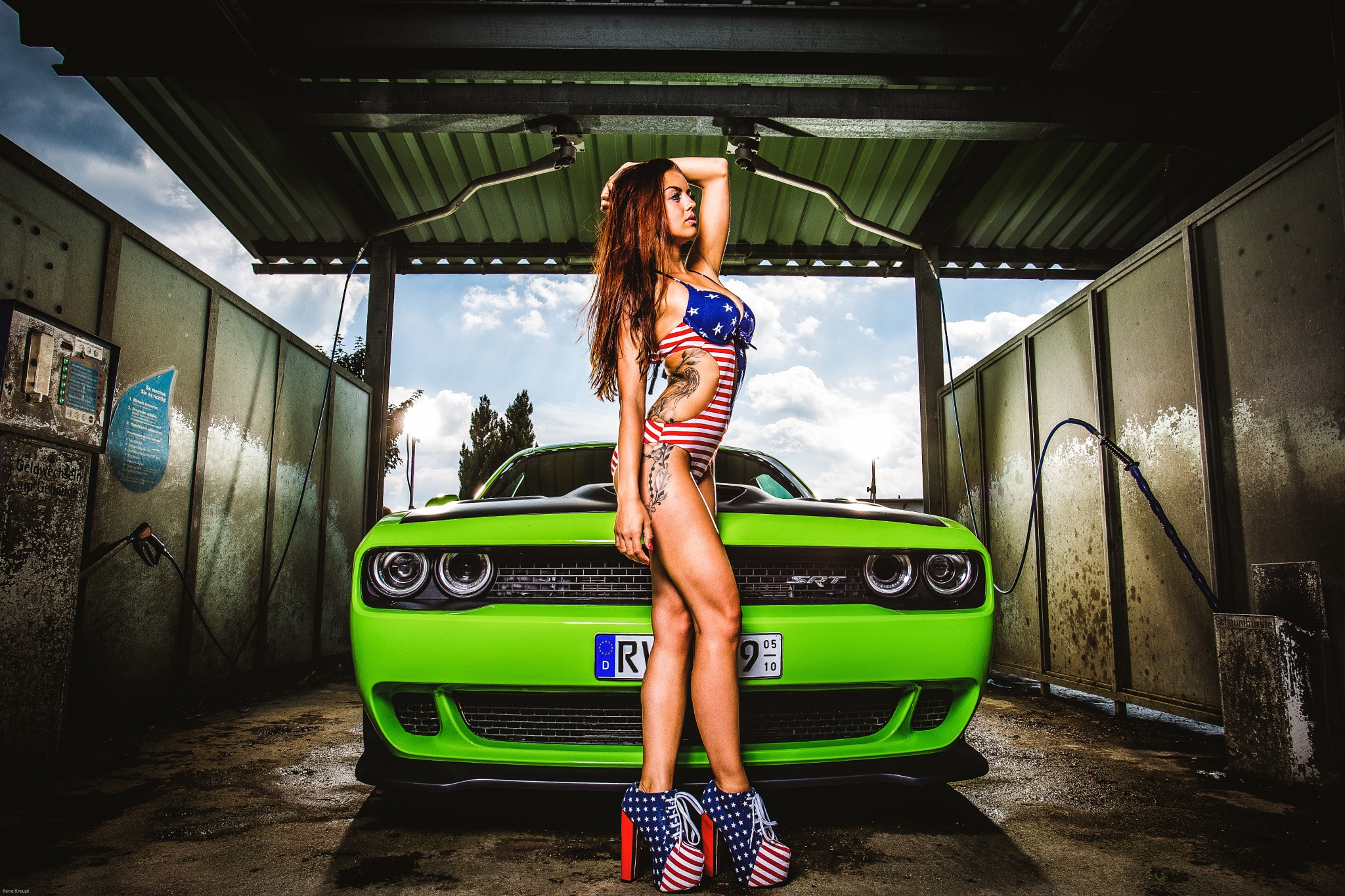 People 2048x1365 women brunette hands on head high heels tattoo car one-piece swimsuit looking away red nails platform high heels women with cars vehicle Dodge Dodge Challenger legs inked girls standing long hair swimwear flag American flag green cars