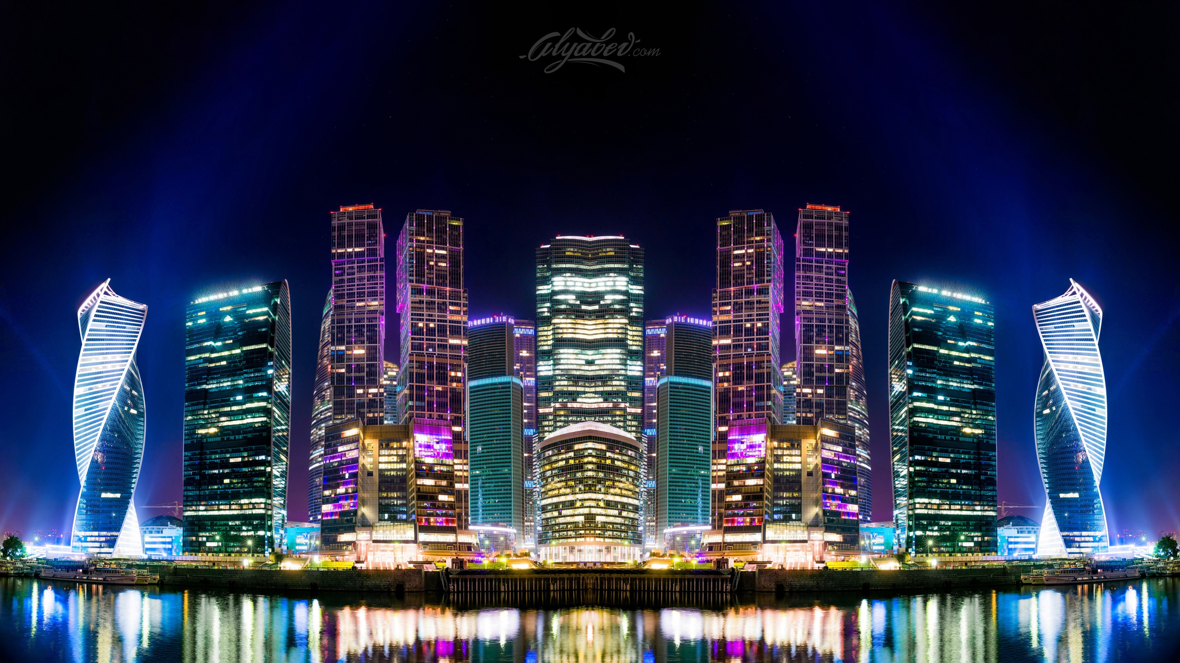 General 3840x2160 city skyline lights colorful low light watermarked Russia Moscow photo manipulation city lights river water reflection