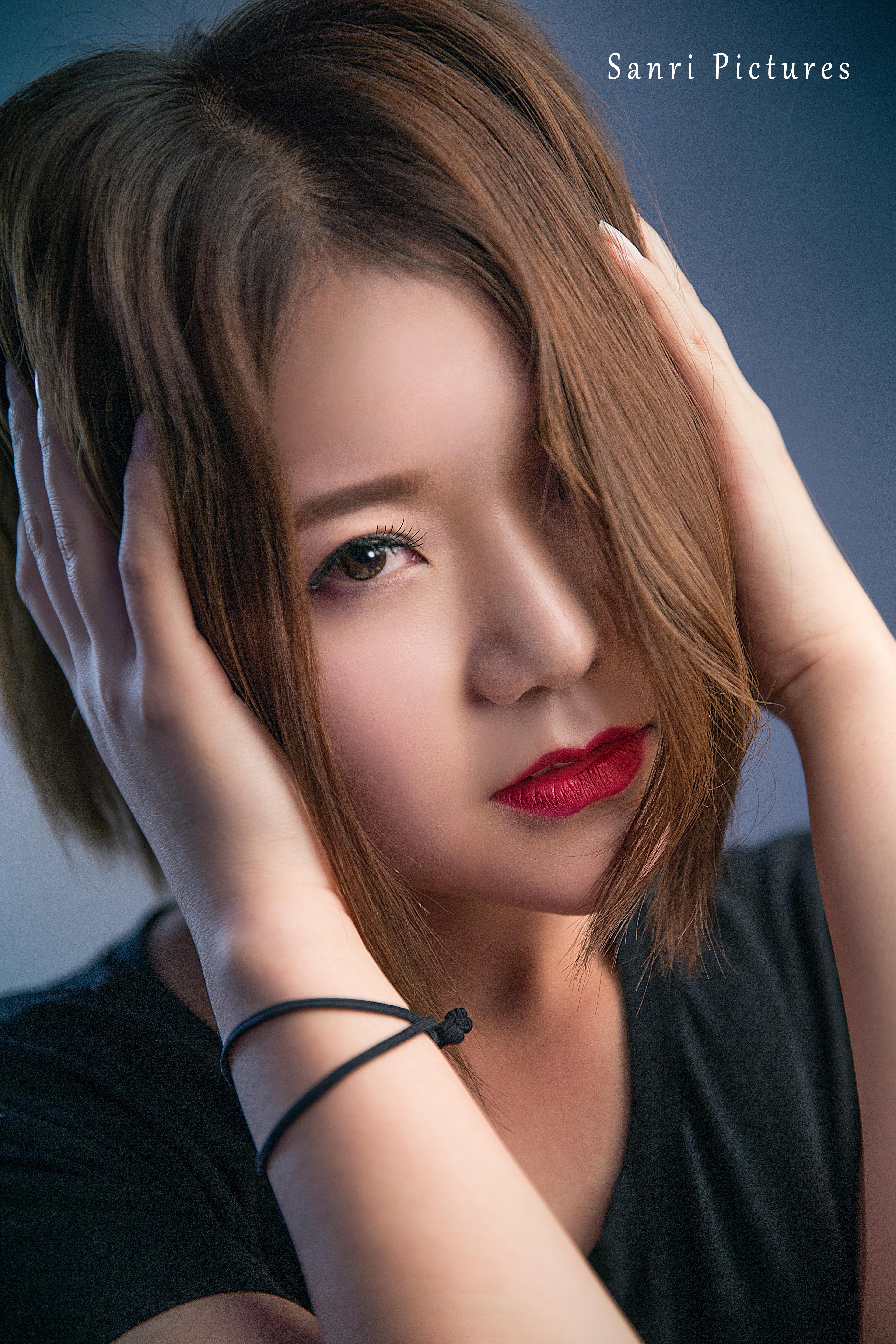 People 3840x5760 women red lipstick Asian brunette portrait hands in hair