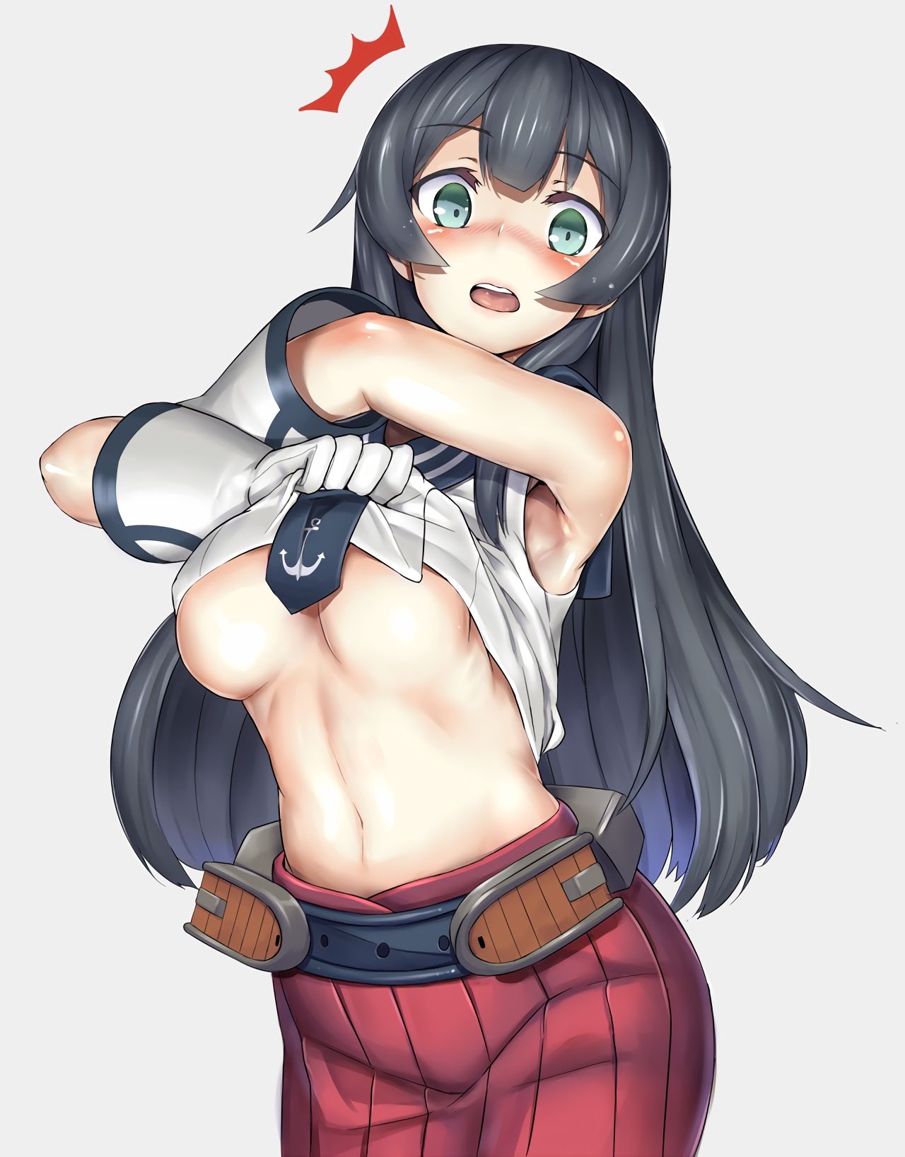 underboob, lifting shirt, green eyes, Yahagi (KanColle), Kantai