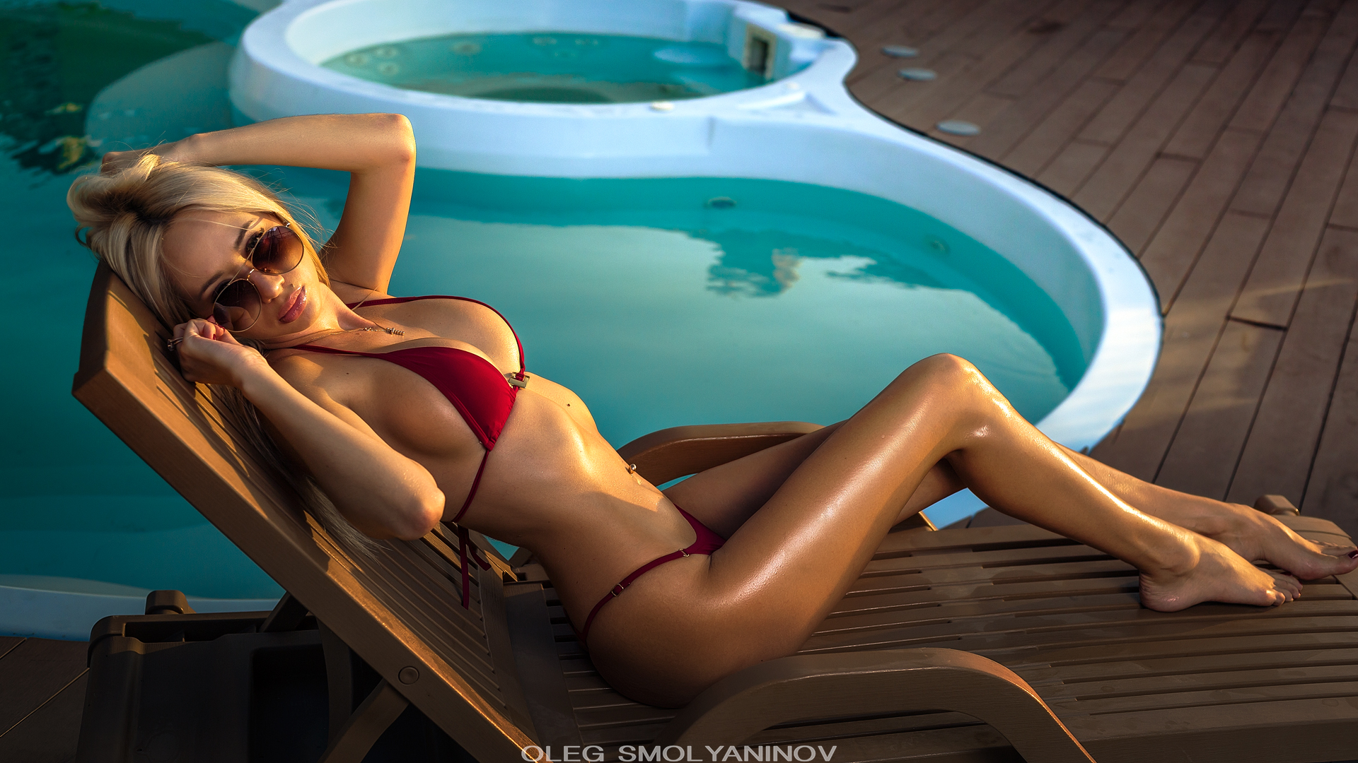 People 1920x1080 blonde red bikini belly tanned swimming pool sunglasses women sideboob Oleg Smolyaninov body oil