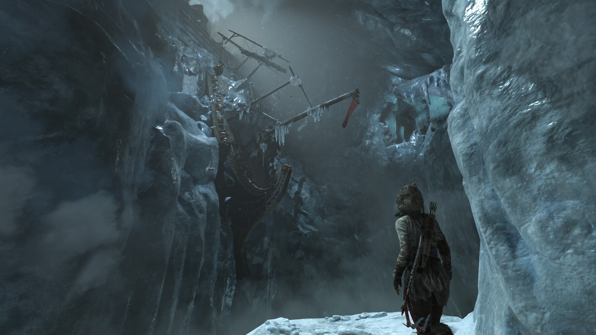 General 1920x1080 Rise of the Tomb Raider screen shot video games Lara Croft (Tomb Raider) ice cold rocks shipwreck PC gaming