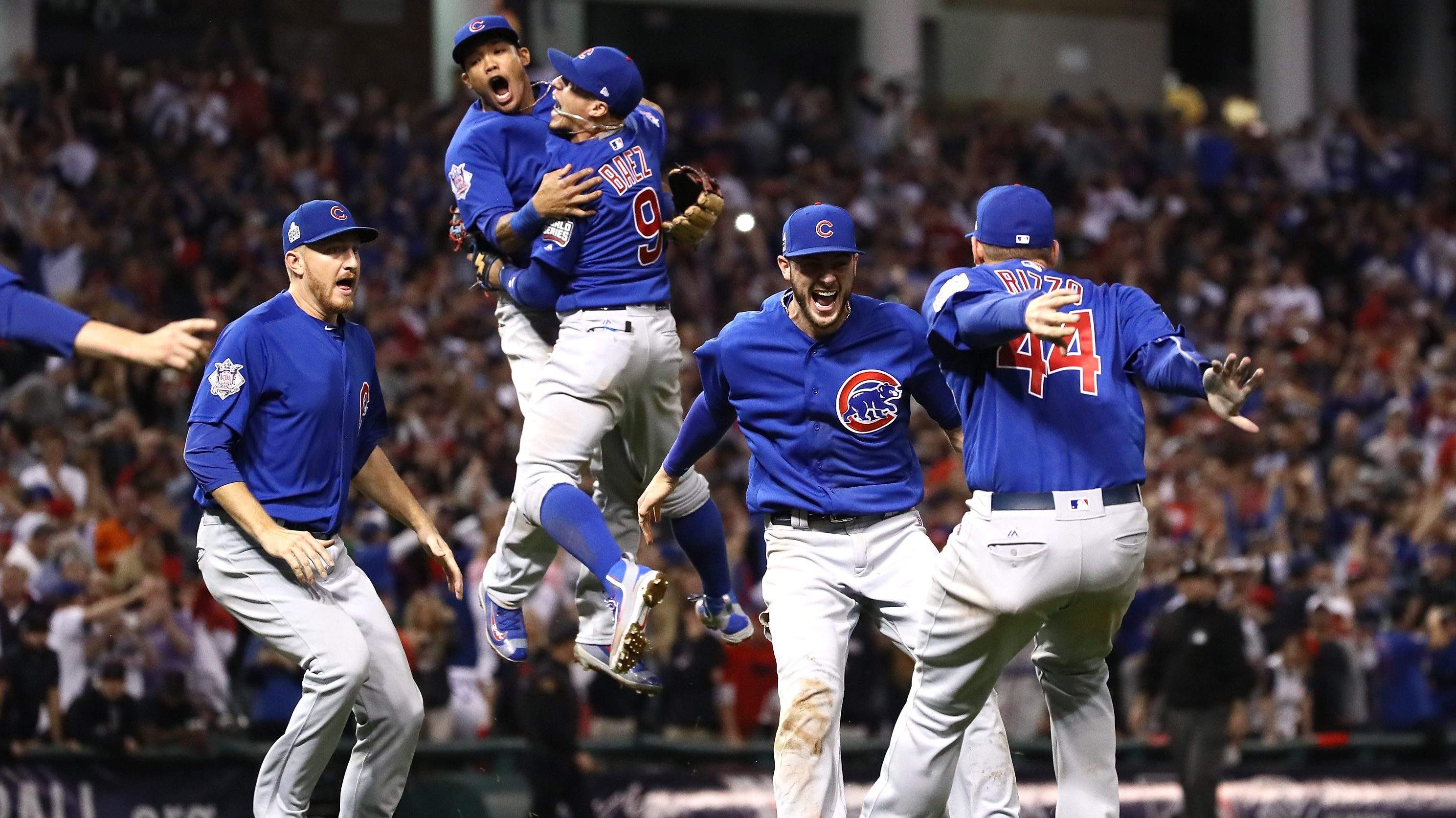 People 2977x1672 world series Addison Russel Javier Báez Kris Bryant Anthony Rizzo sport men jumping open mouth baseball Chicago Cubs