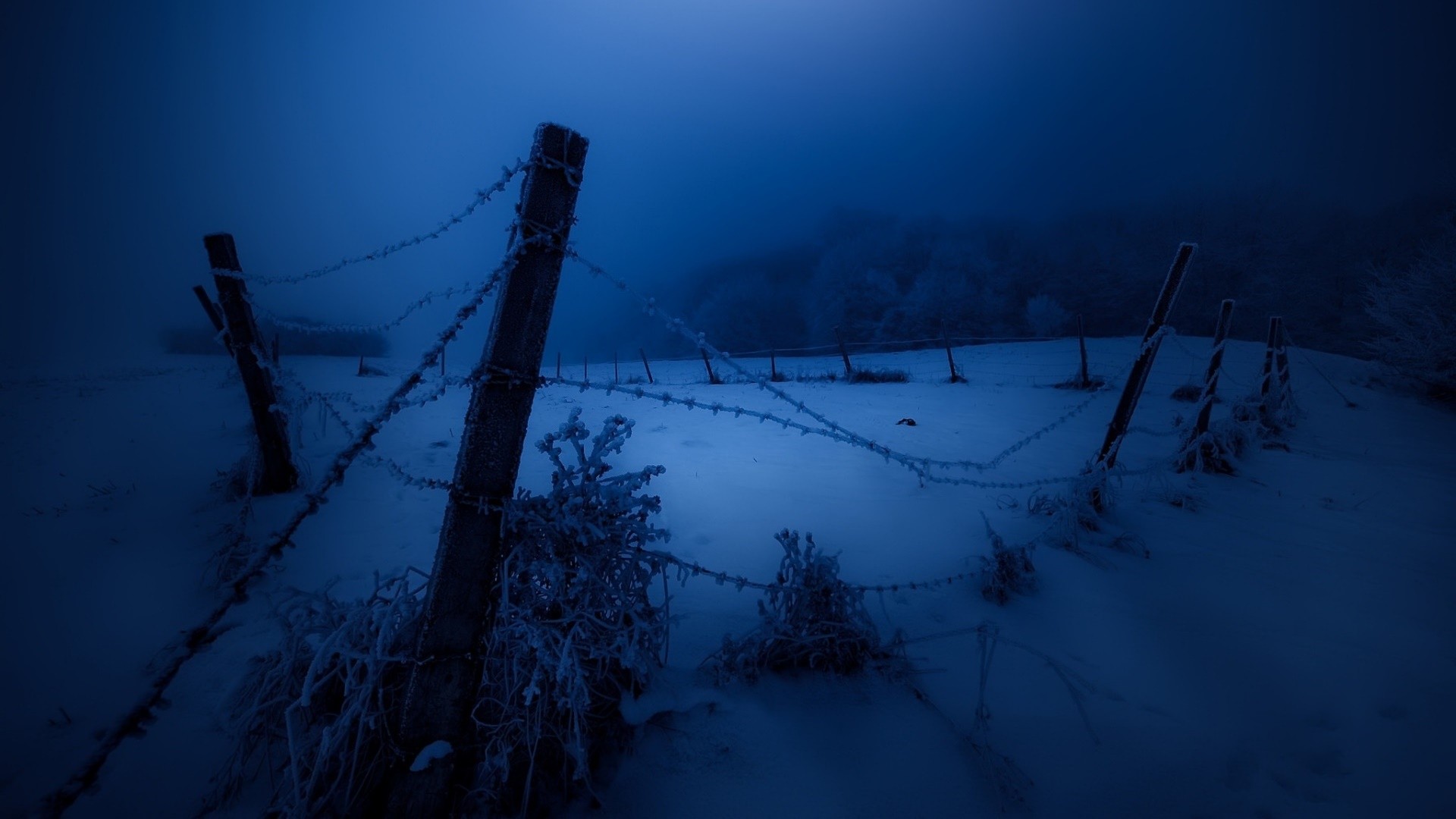 General 1920x1080 dark night fence cold snow winter landscape barbed wire blue
