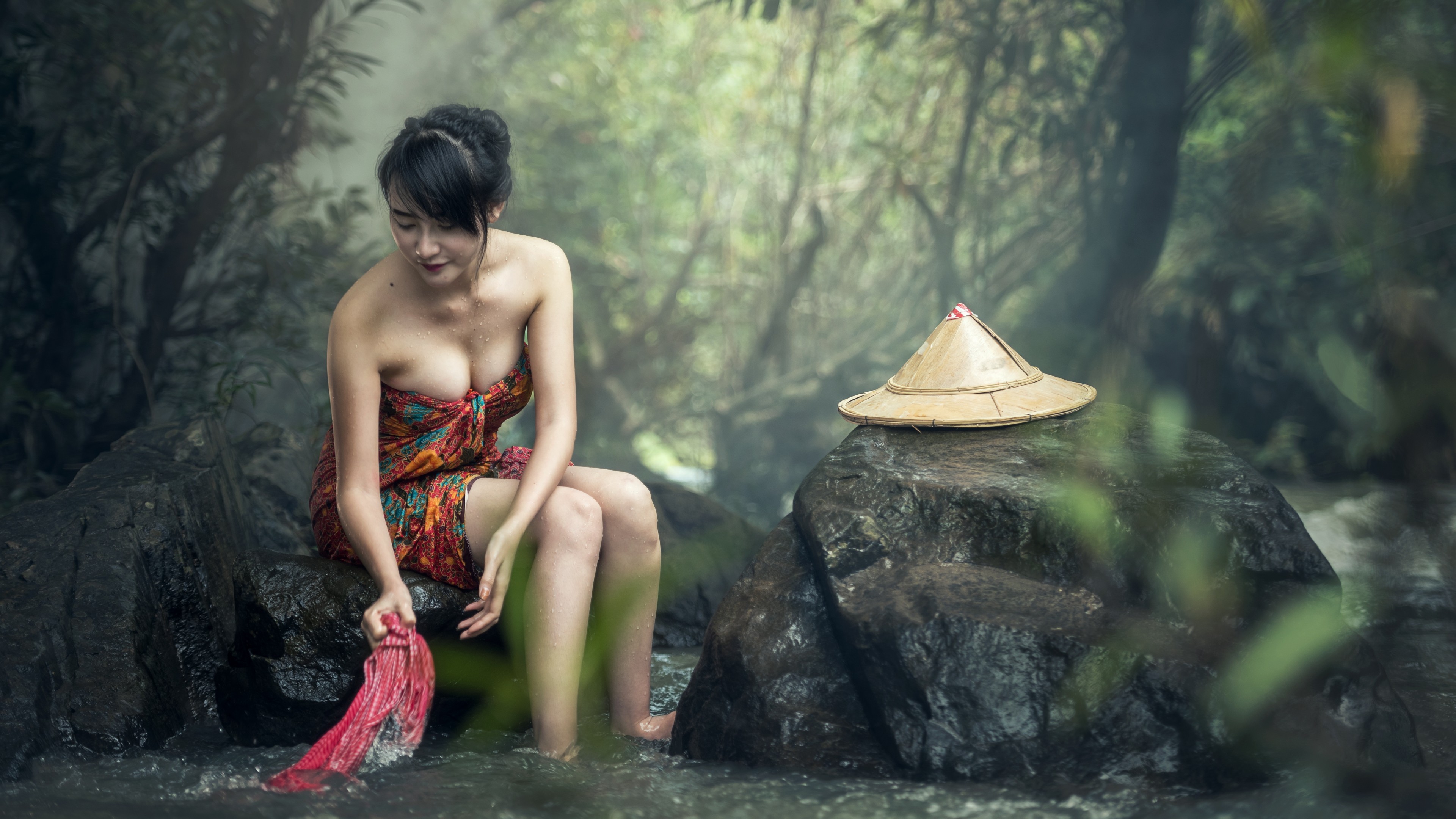 People 3840x2160 Asian women river wet body bamboo hat forest